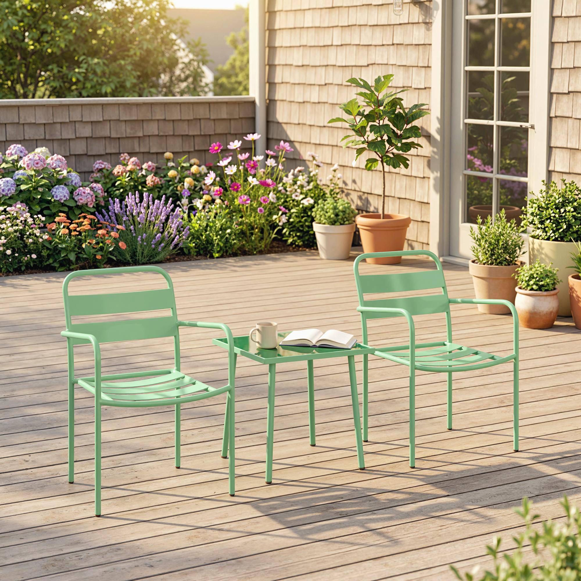 Ensemble bistrot de jardin 3 pièces - table basse en verre trempé et 2 chaises à lattes, cadre en acier galvanisé, vert - Image 4