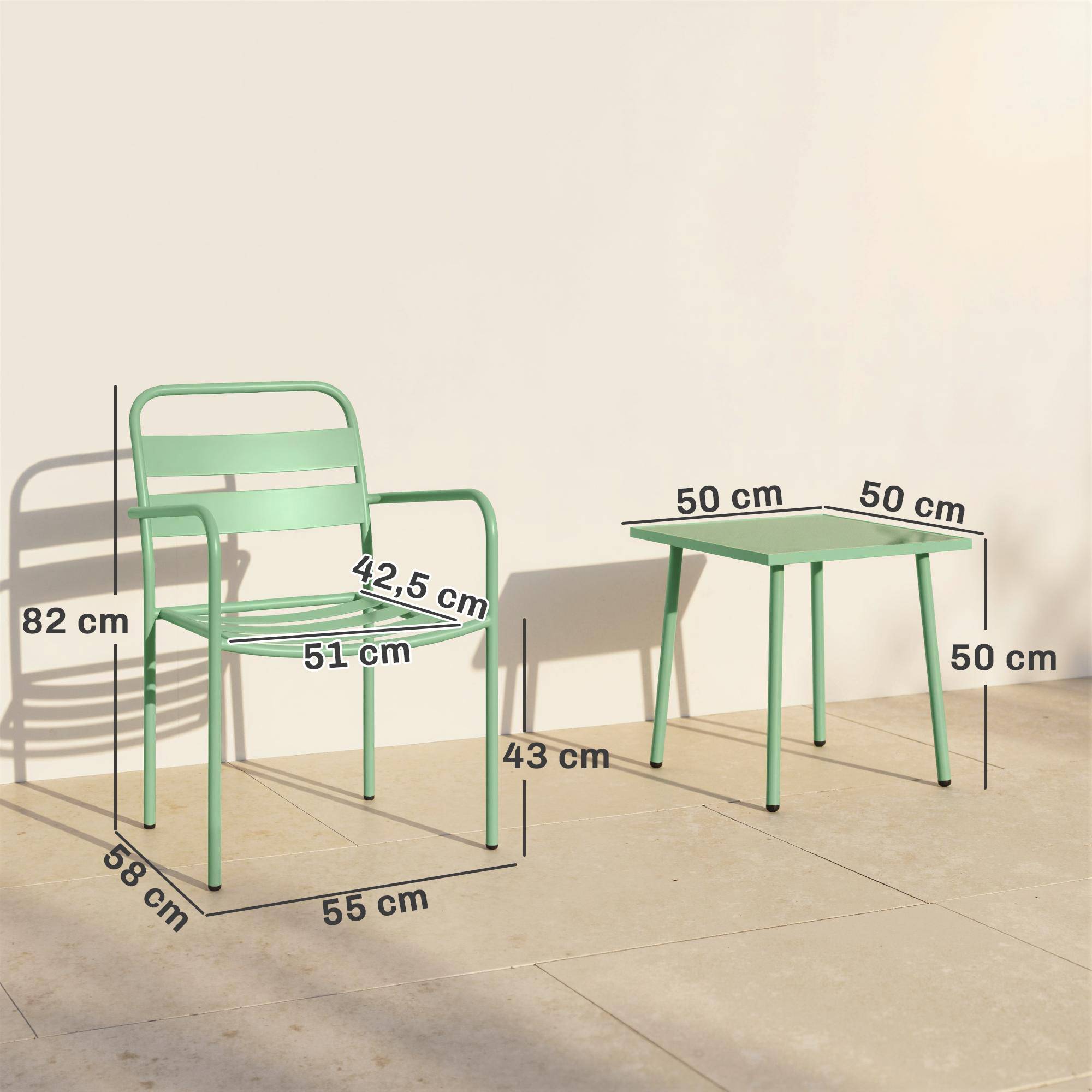 Ensemble bistrot de jardin 3 pièces - table basse en verre trempé et 2 chaises à lattes, cadre en acier galvanisé, vert - Image 5