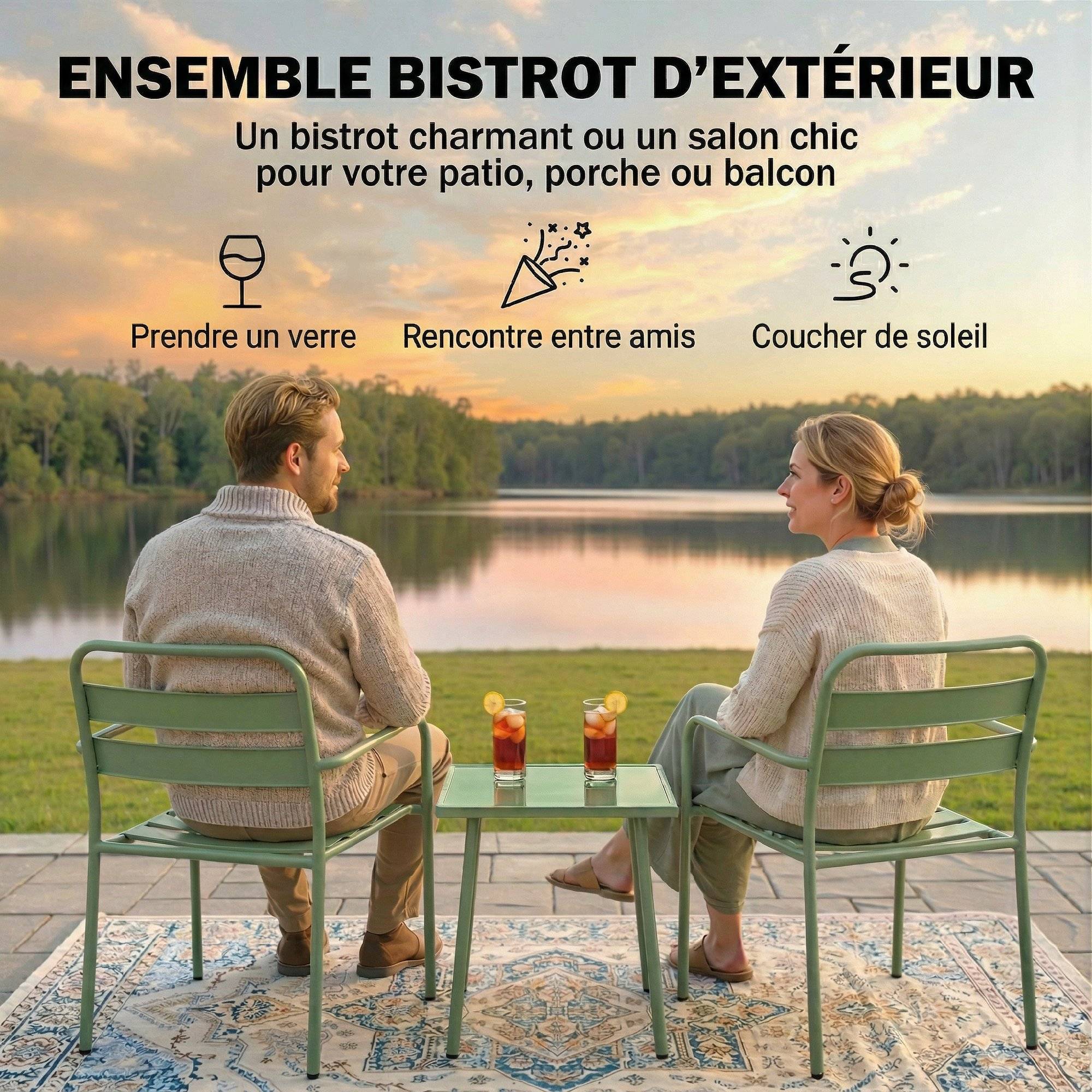 Ensemble bistrot de jardin 3 pièces - table basse en verre trempé et 2 chaises à lattes, cadre en acier galvanisé, vert - Image 6