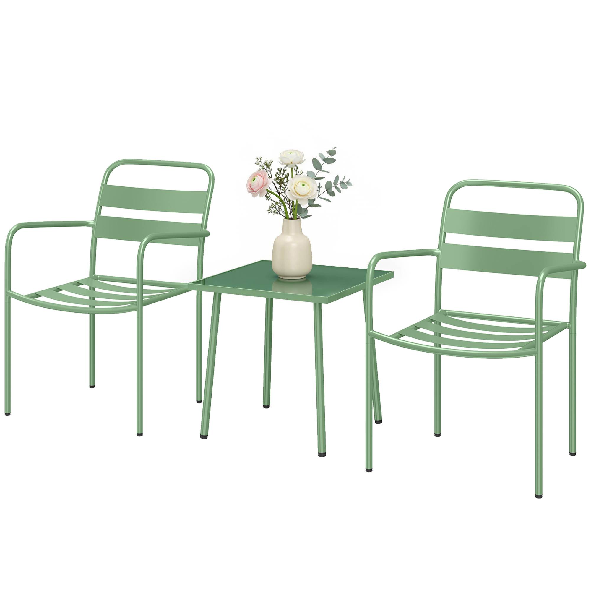 Ensemble bistrot de jardin 3 pièces - table basse en verre trempé et 2 chaises à lattes, cadre en acier galvanisé, vert - Image 2