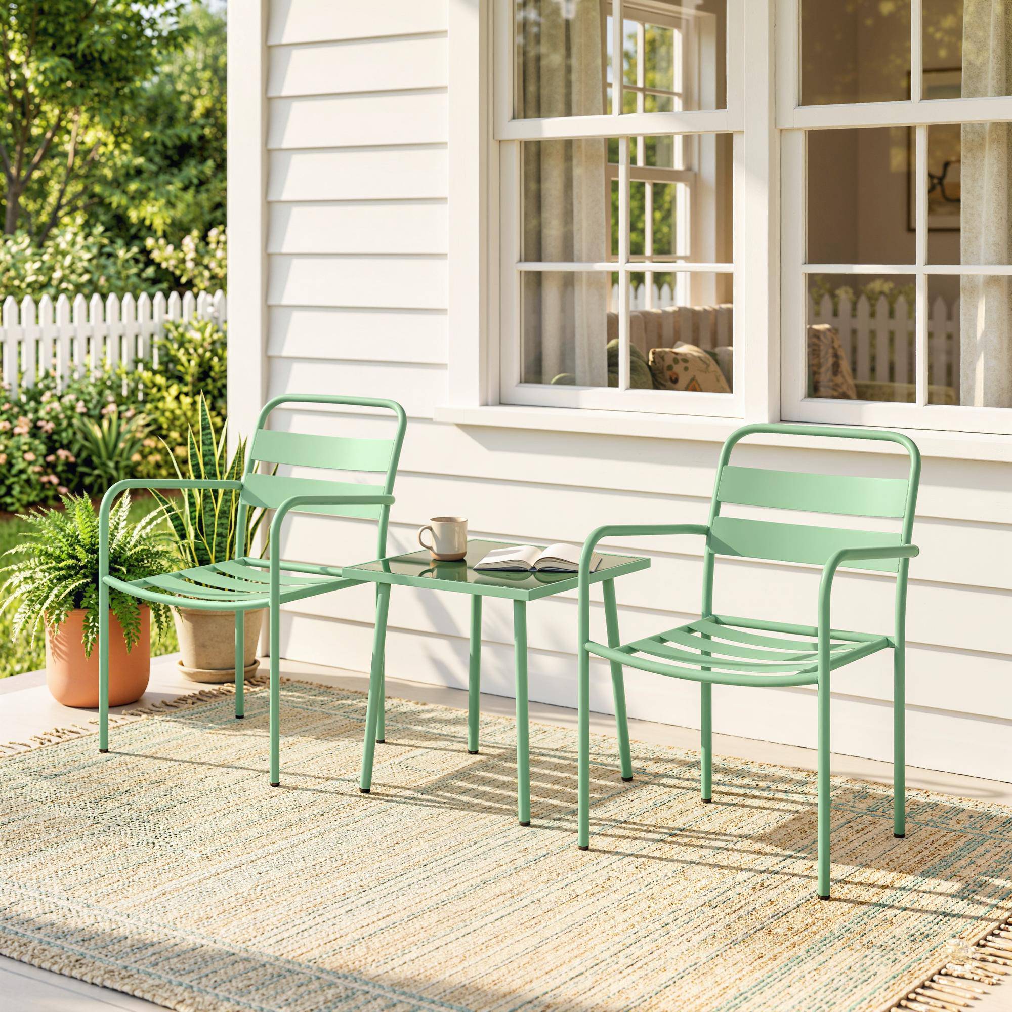 Ensemble bistrot de jardin 3 pièces - table basse en verre trempé et 2 chaises à lattes, cadre en acier galvanisé, vert - Image 3