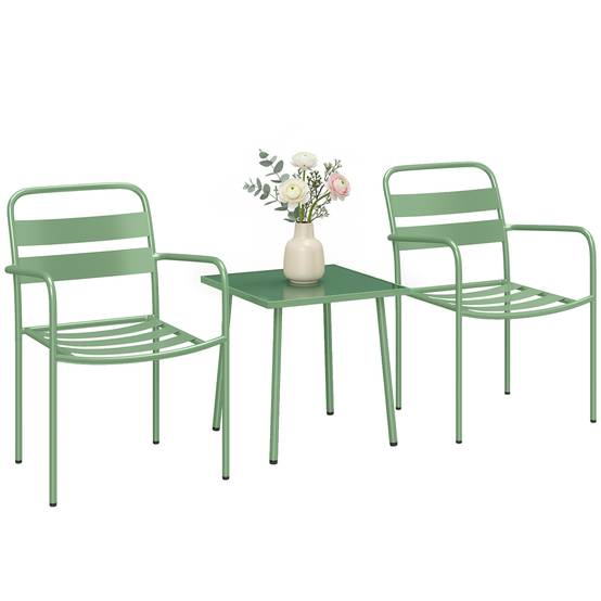 Ensemble bistrot de jardin 3 pièces - table basse en verre trempé et 2 chaises à lattes, cadre en acier galvanisé, vert - Image 1