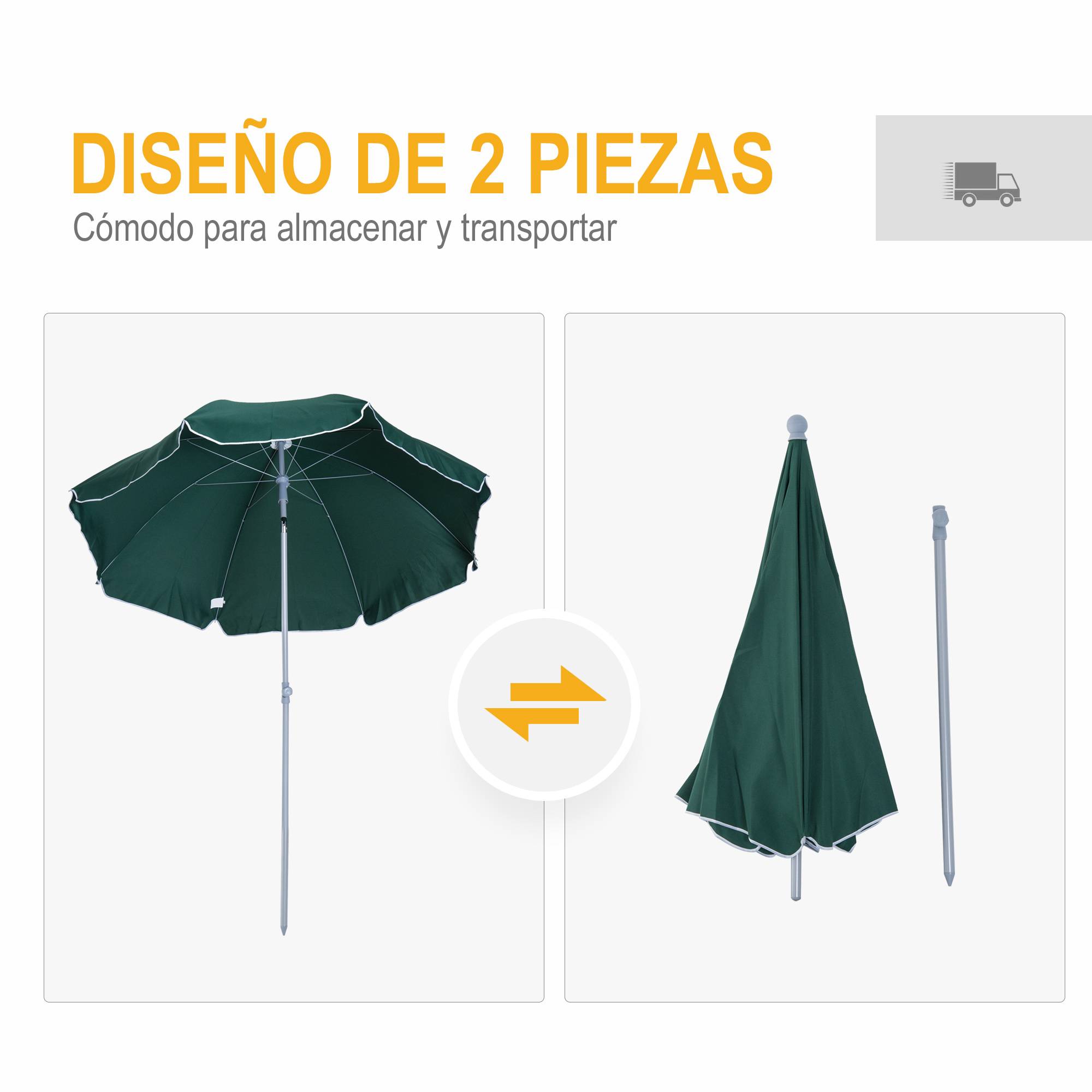 Parasol de plage de 202 cm de diamètre avec toit inclinable, mât détachable et piquet de fond pour jardin. - Image 8