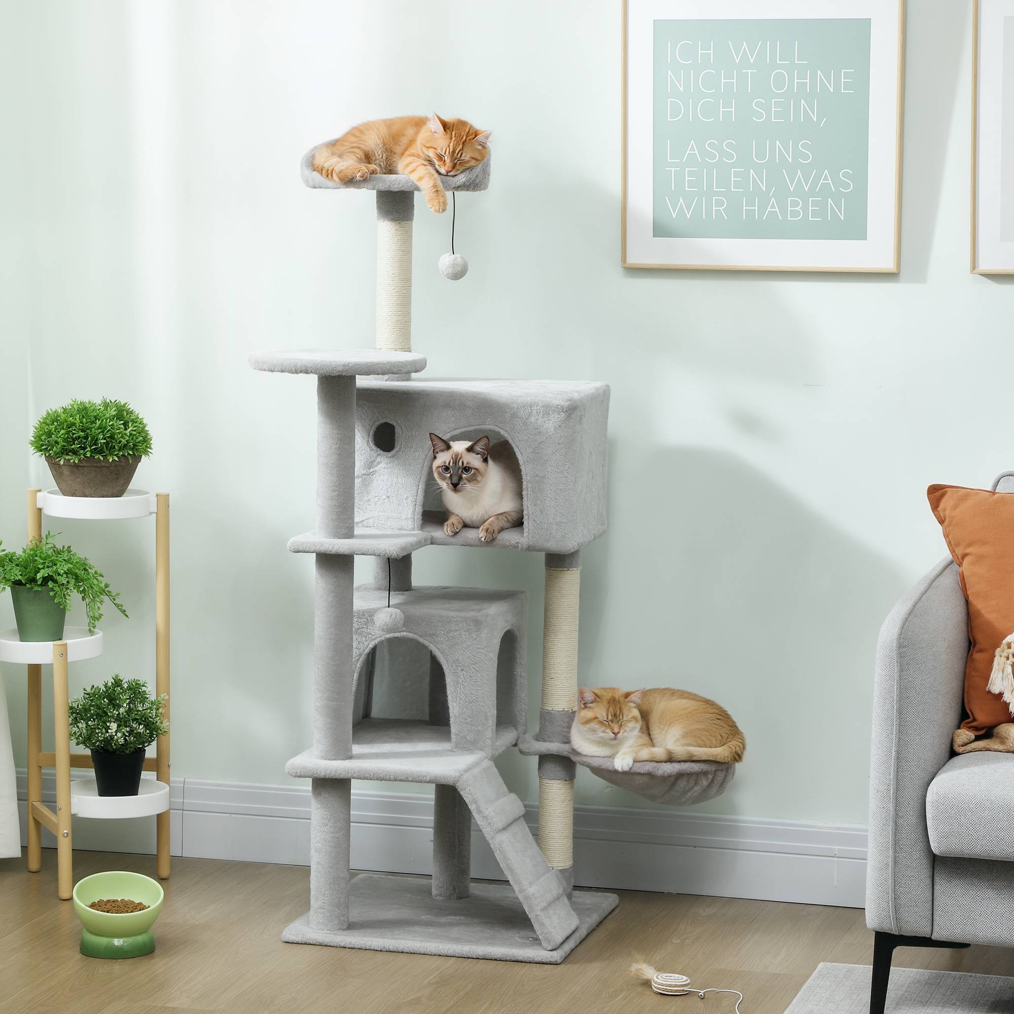 Arbre à chat de 140 cm avec 2 niches, hamac, couchage et poteaux en sisal, gris - Image 3