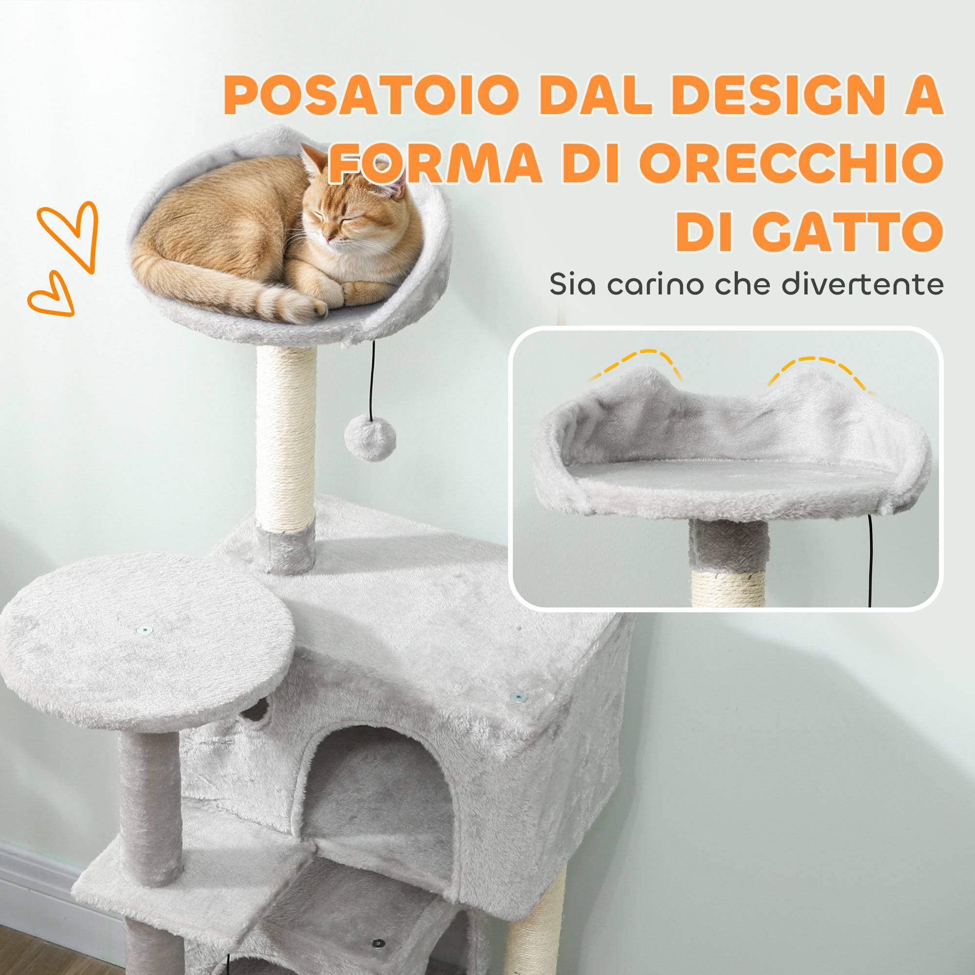 Arbre à chat de 140 cm avec 2 niches, hamac, couchage et poteaux en sisal, gris - Image 7
