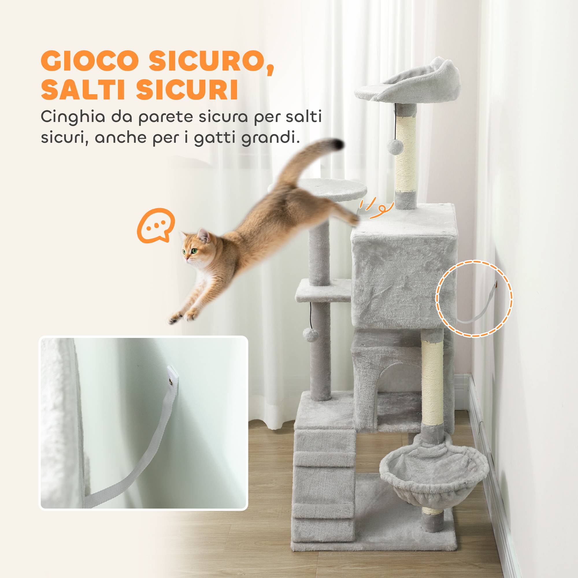 Arbre à chat de 140 cm avec 2 niches, hamac, couchage et poteaux en sisal, gris - Image 8
