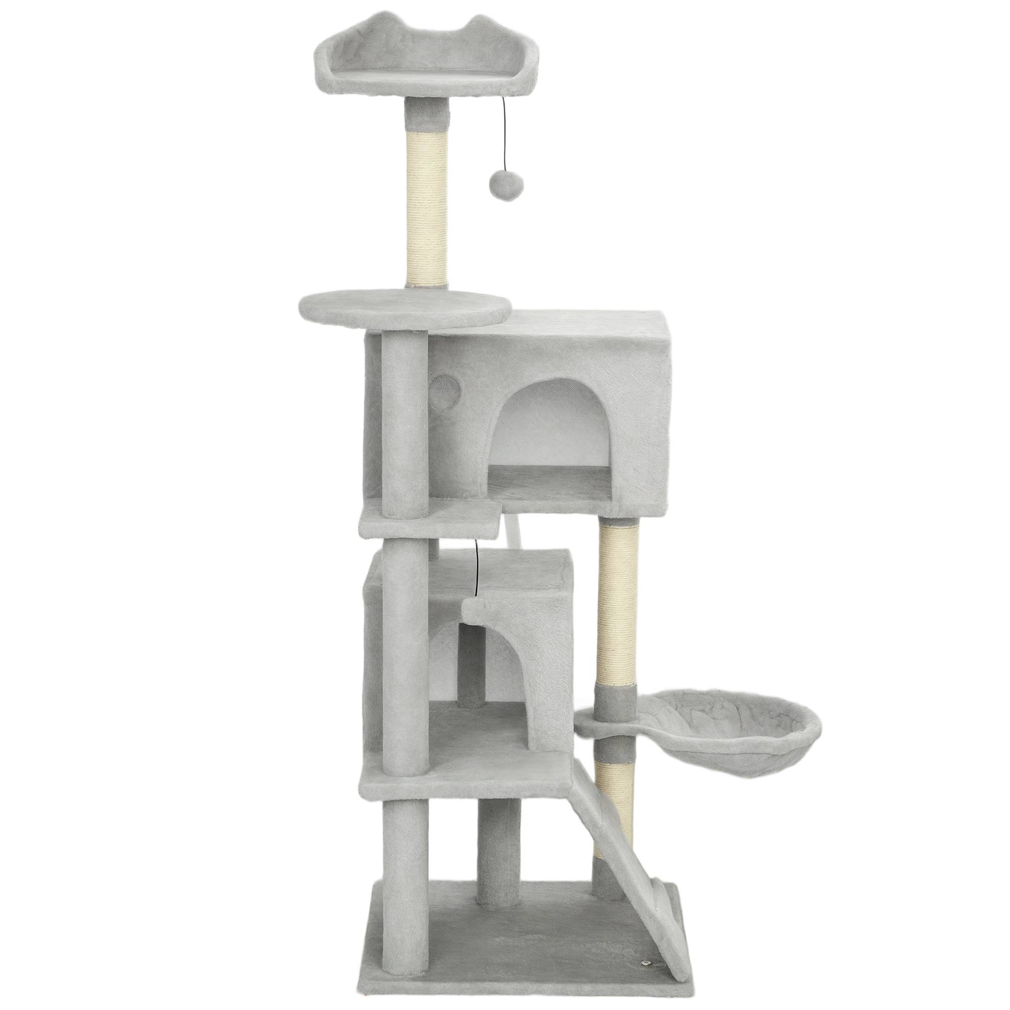 Arbre à chat de 140 cm avec 2 niches, hamac, couchage et poteaux en sisal, gris - Image 2