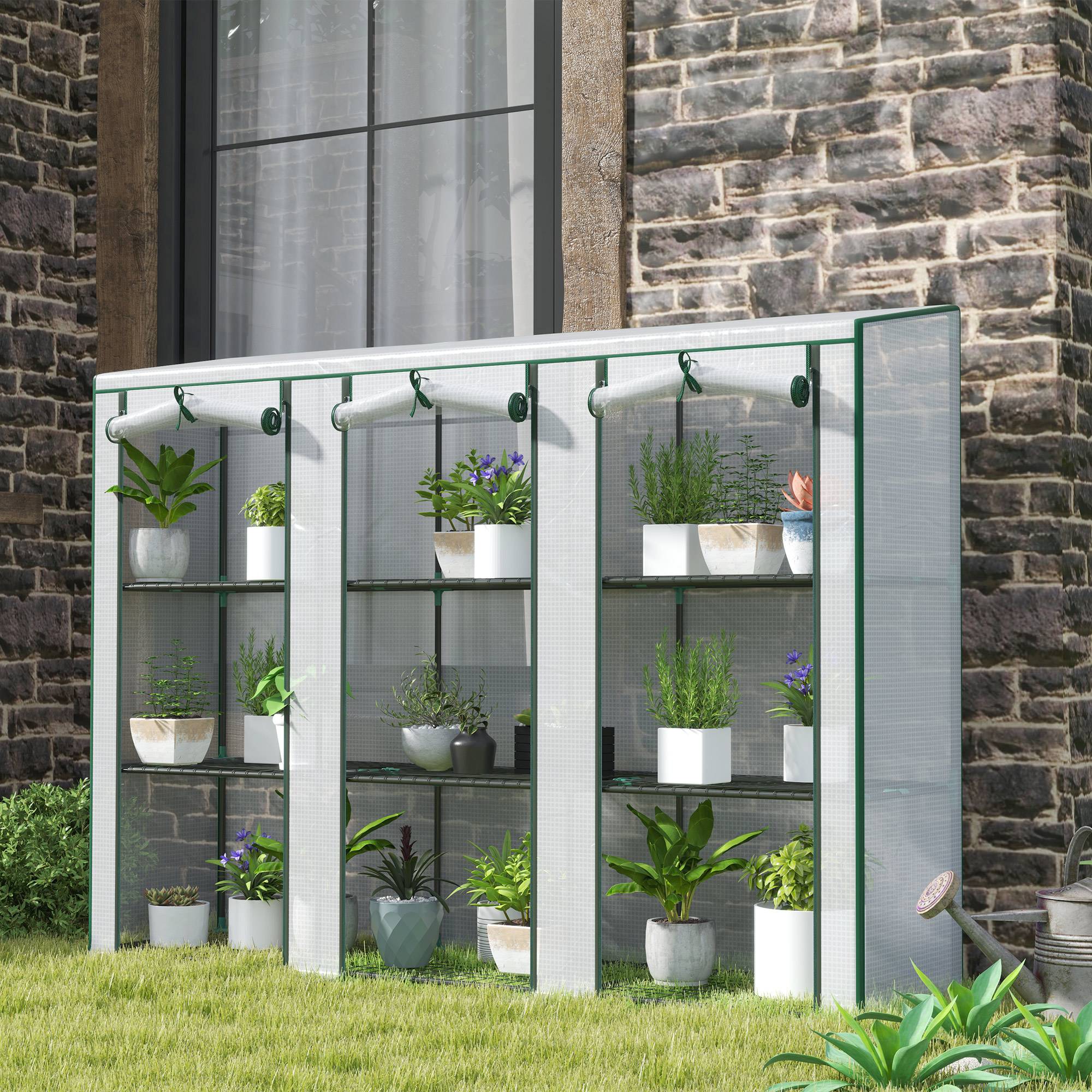 Outsunny - Serre de jardin balcon PE avec étagères 3 niveaux 2 portes bâche renforcée 140g/m² acier 215x46x151cm blanc - Outsunny - Image 4