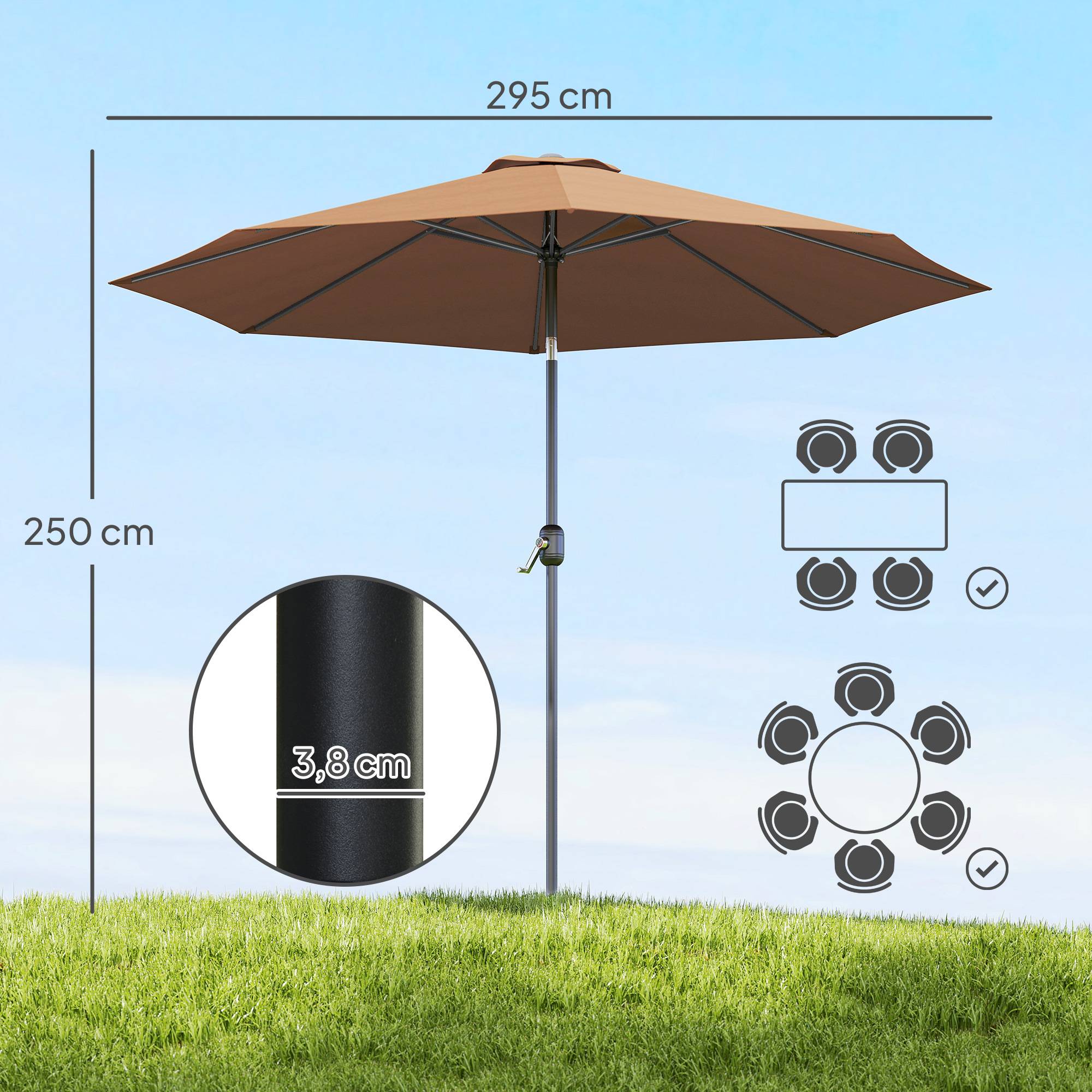 Parasol de jardin extérieur Parasol droit inclinable Ø 3 m - Polyester 180g/m² Métal Marron fr150 - Image 5