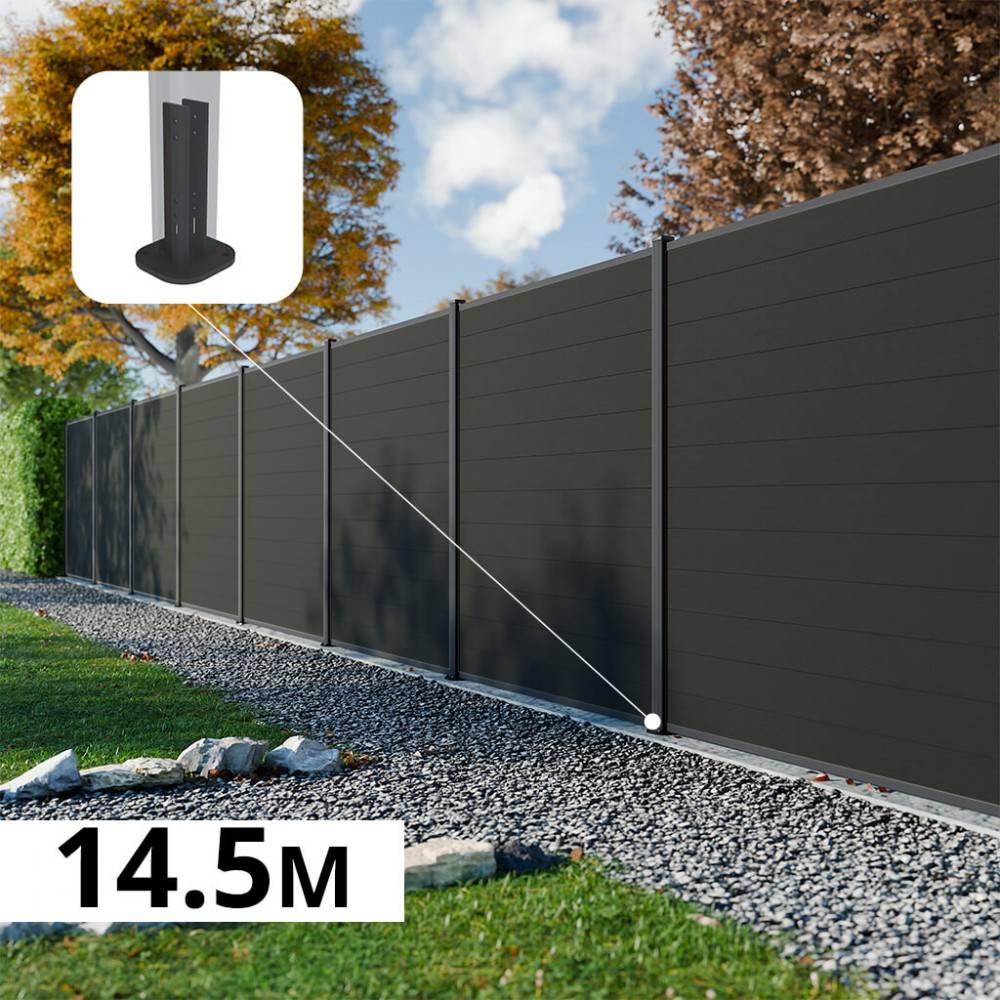 Decklinea - Kit Clôture Composite RIO Anthracite 14,5x1,8m - Bois composite & Aluminium - Poteaux sur Platines Gris - Brise vue - Palissade - Image 1