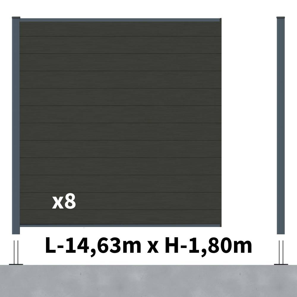 Decklinea - Kit Clôture Composite RIO Anthracite 14,5x1,8m - Bois composite & Aluminium - Poteaux sur Platines Gris - Brise vue - Palissade - Image 2