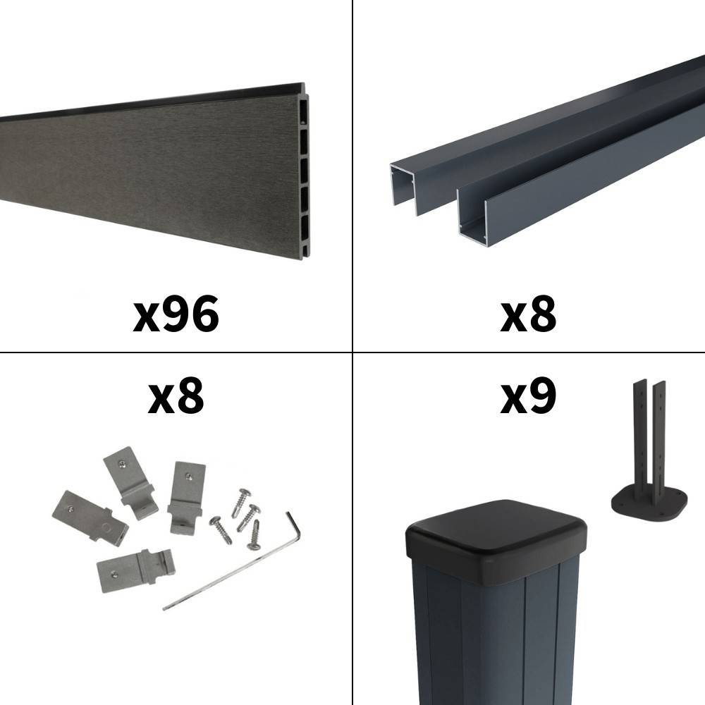Decklinea - Kit Clôture Composite RIO Anthracite 14,5x1,8m - Bois composite & Aluminium - Poteaux sur Platines Gris - Brise vue - Palissade - Image 3