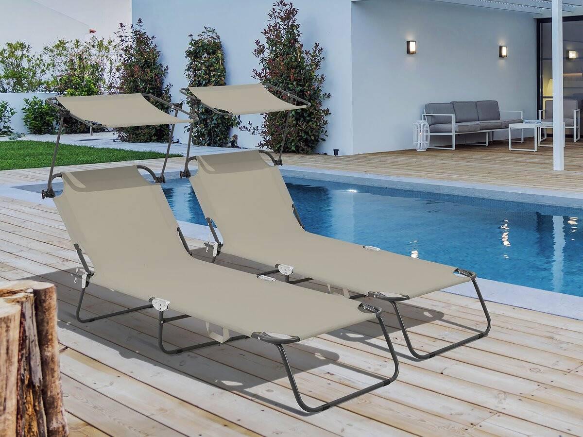Lot De 2 Bains De Soleil Pliable "lazy" - Avec Pare Soleil - Taupe -habitat Et Jardin - Image 2