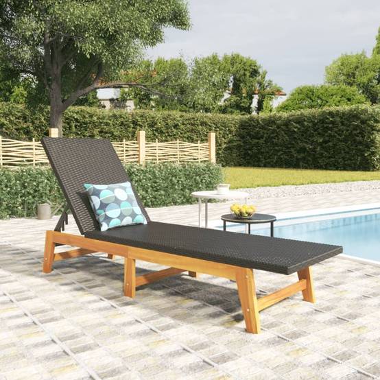 Transat de jardin bois acacia résine tressée terrasse bain de soleil noir - ComfortXL Outdoor Living - Image 1