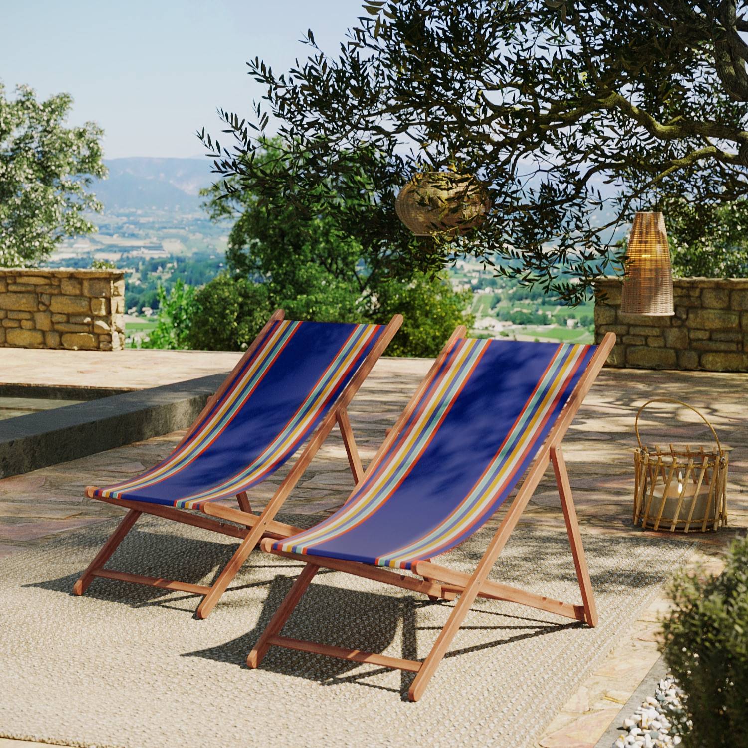 Autre - Lot de 2 chiliennes XL pliantes règlables - 100 % coton - bois hêtre - multicolore - MAULEON MEDITERANNEE - Imagen 2