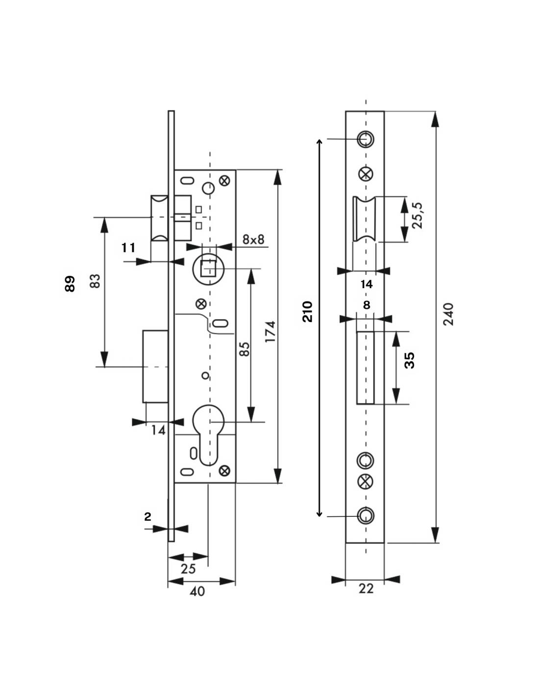 Boitier de serrure encastrable à cylindre pour menuiserie métallique, axe 25mm, bouts carrés, zingué - THIRARD - Image 2