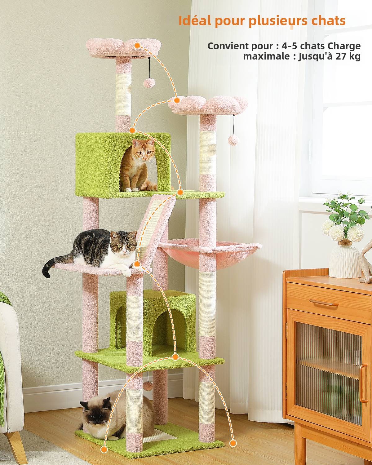 Grand Arbre à Chat Multi-Niveaux 180 cm Fleur Rose PAWZ Road - Image 3