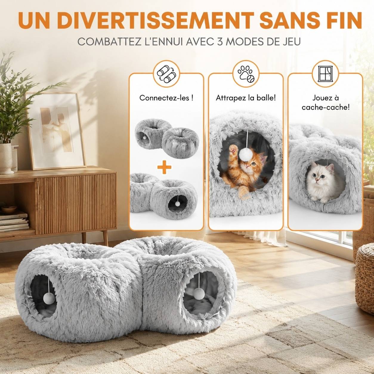 Tunnel à Chat Pelucheux Doux Extensible Connectable Pour Activité Physique - Image 3