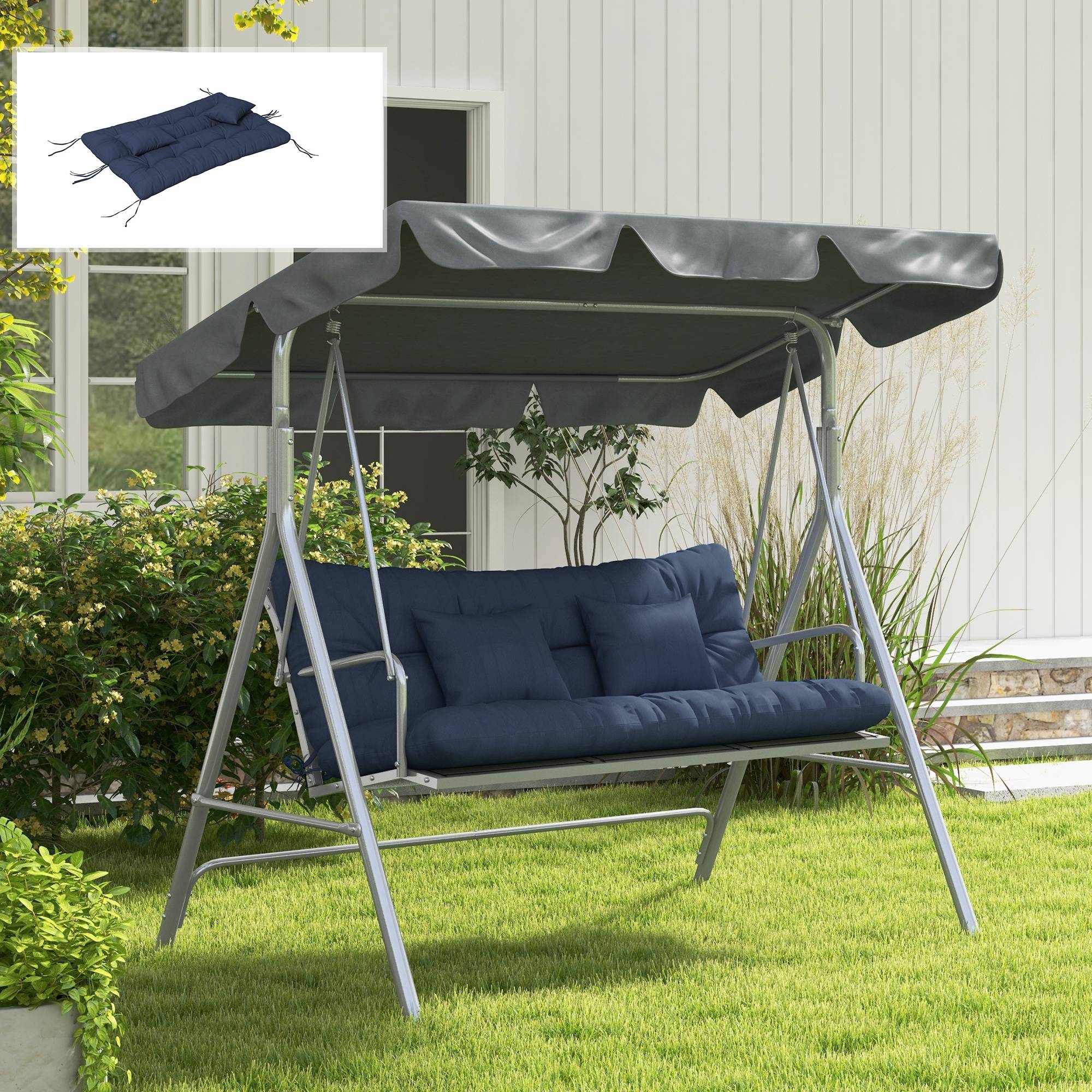 ComfortXL - Coussins banc de jardin polyester 150 x 50 cm bleu marine lot de 4 déperlants avec liens de fixation - Image 7