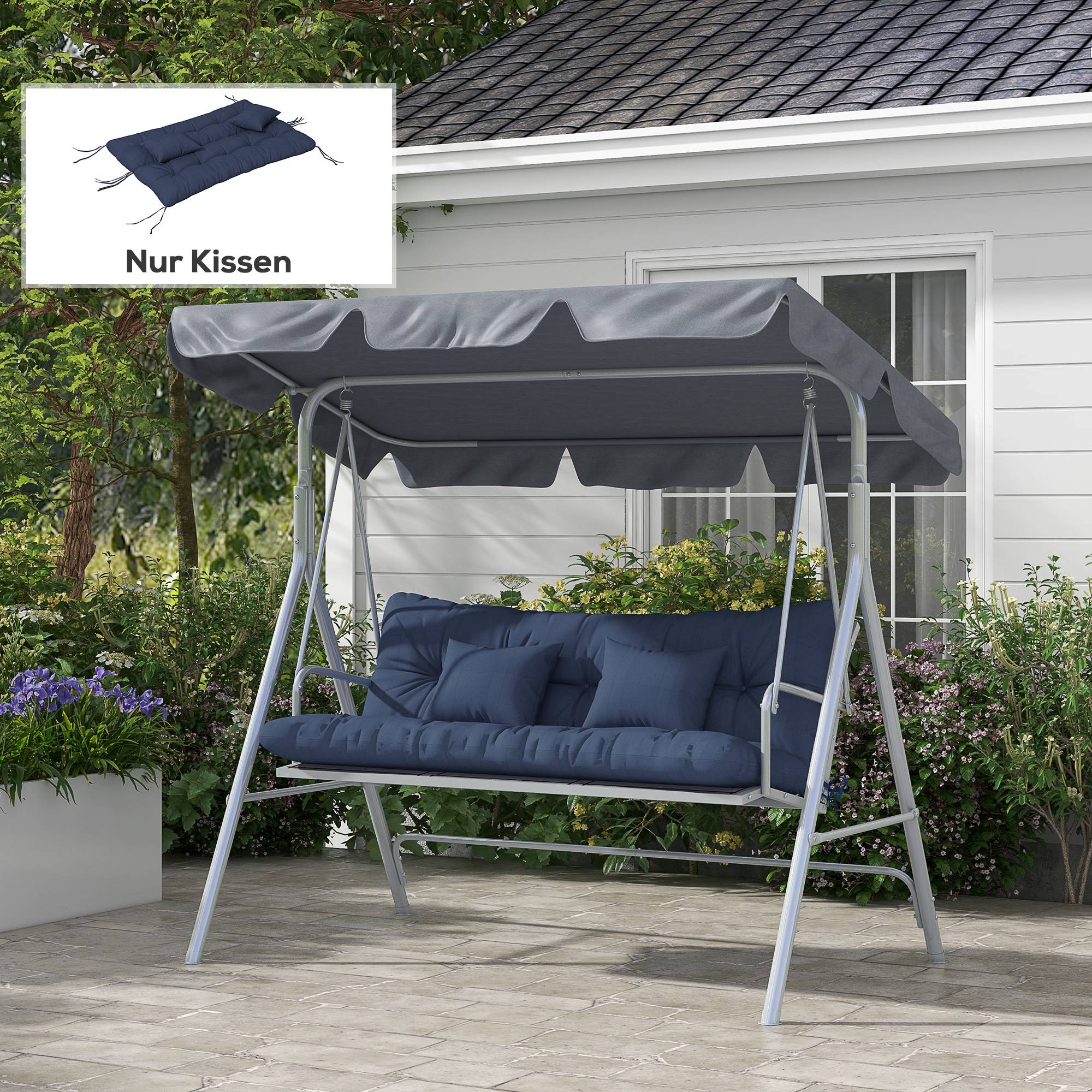 ComfortXL - Coussins banc de jardin polyester 150 x 50 cm bleu marine lot de 4 déperlants avec liens de fixation