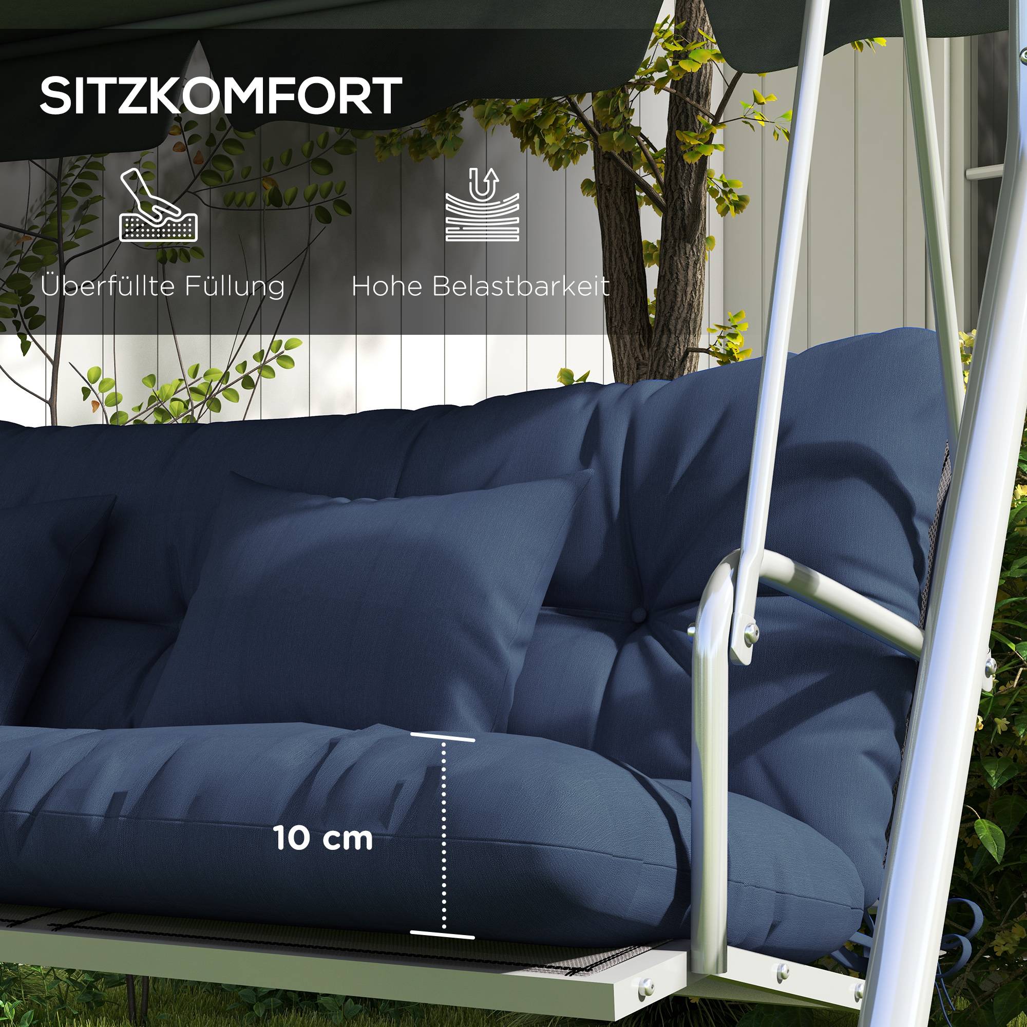 ComfortXL - Coussins banc de jardin polyester 150 x 50 cm bleu marine lot de 4 déperlants avec liens de fixation - Image 6