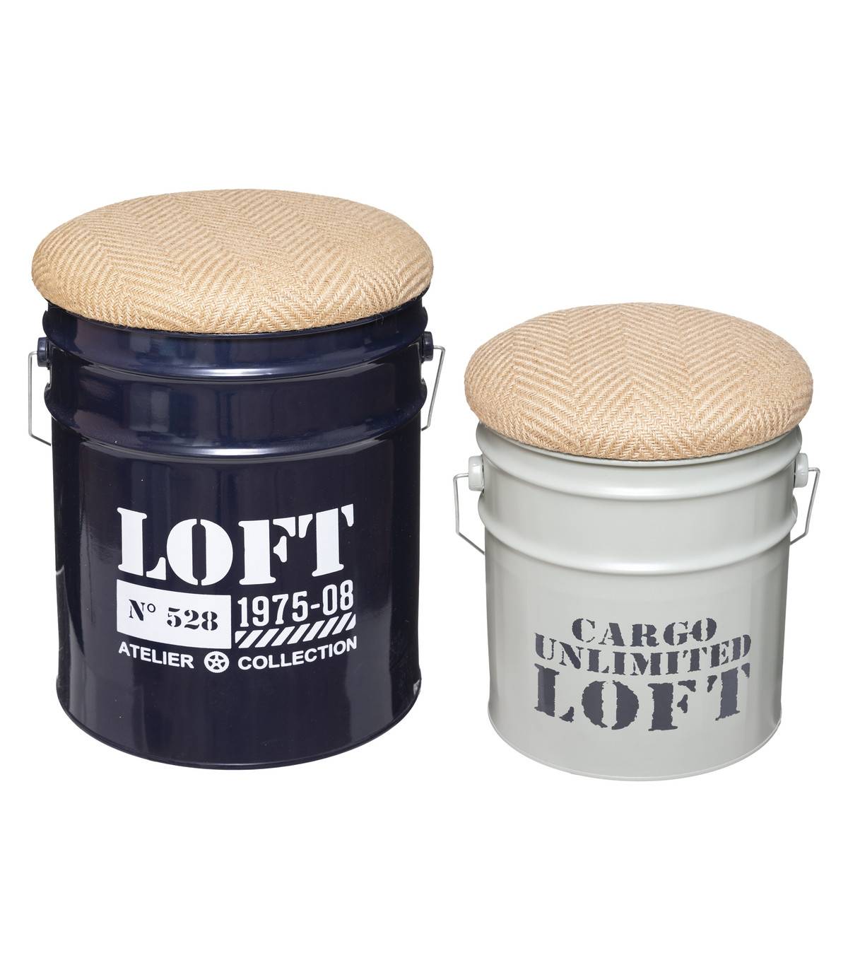 Lot de 2 Poufs Bidons & Coffres de rangement en Métal style industriel - Imagen 1