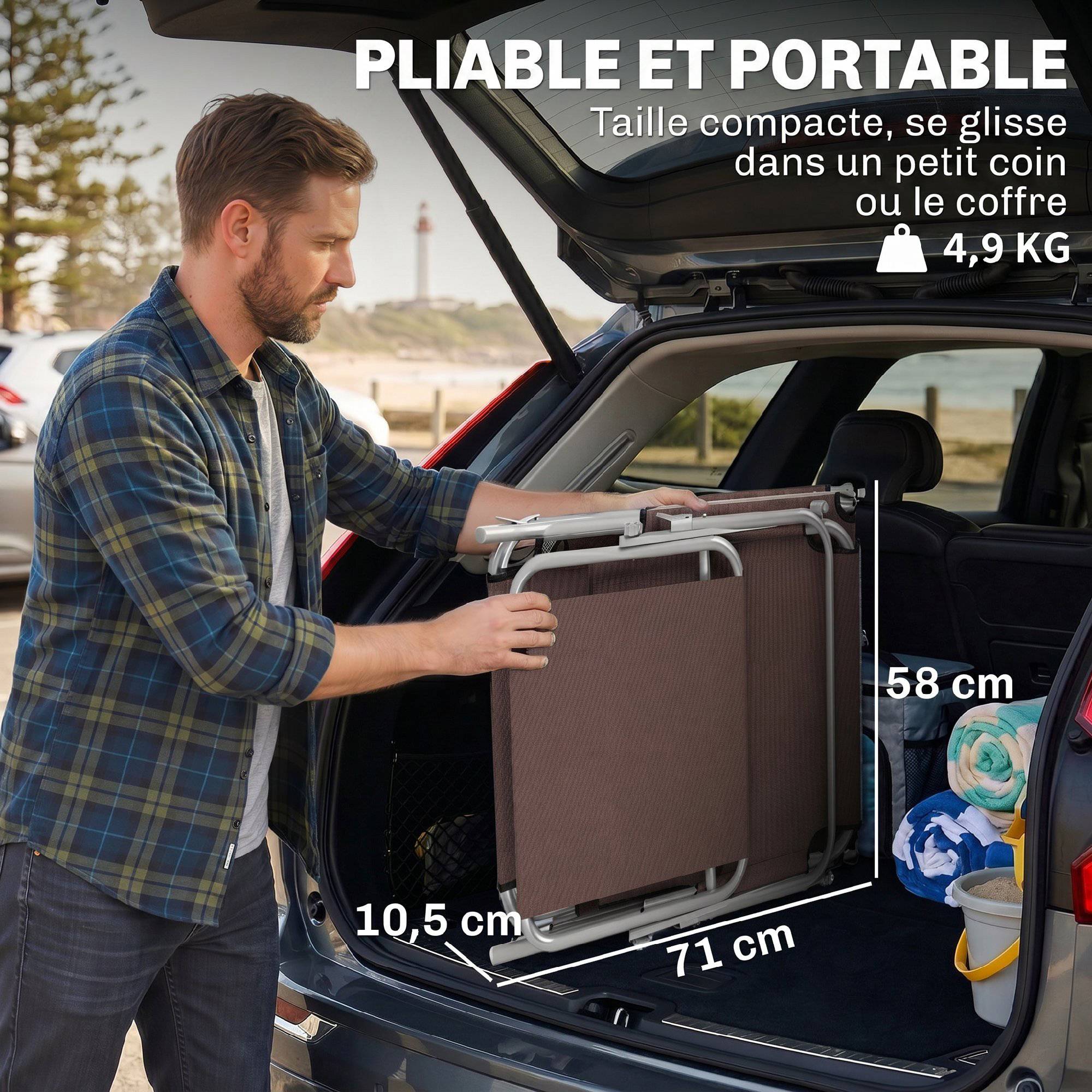 Transat Bain de Soleil Pliable Dossier Inclinable Multi-positions et Pare-Soleil réglable 187x58x36cm marron - Image 9