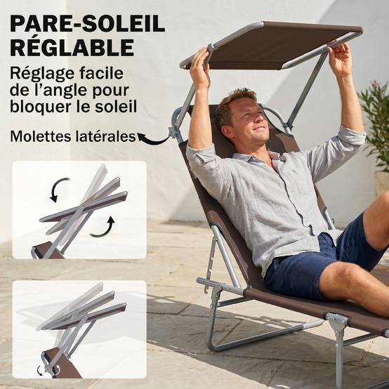 Transat Bain de Soleil Pliable Dossier Inclinable Multi-positions et Pare-Soleil réglable 187x58x36cm marron - Image 6