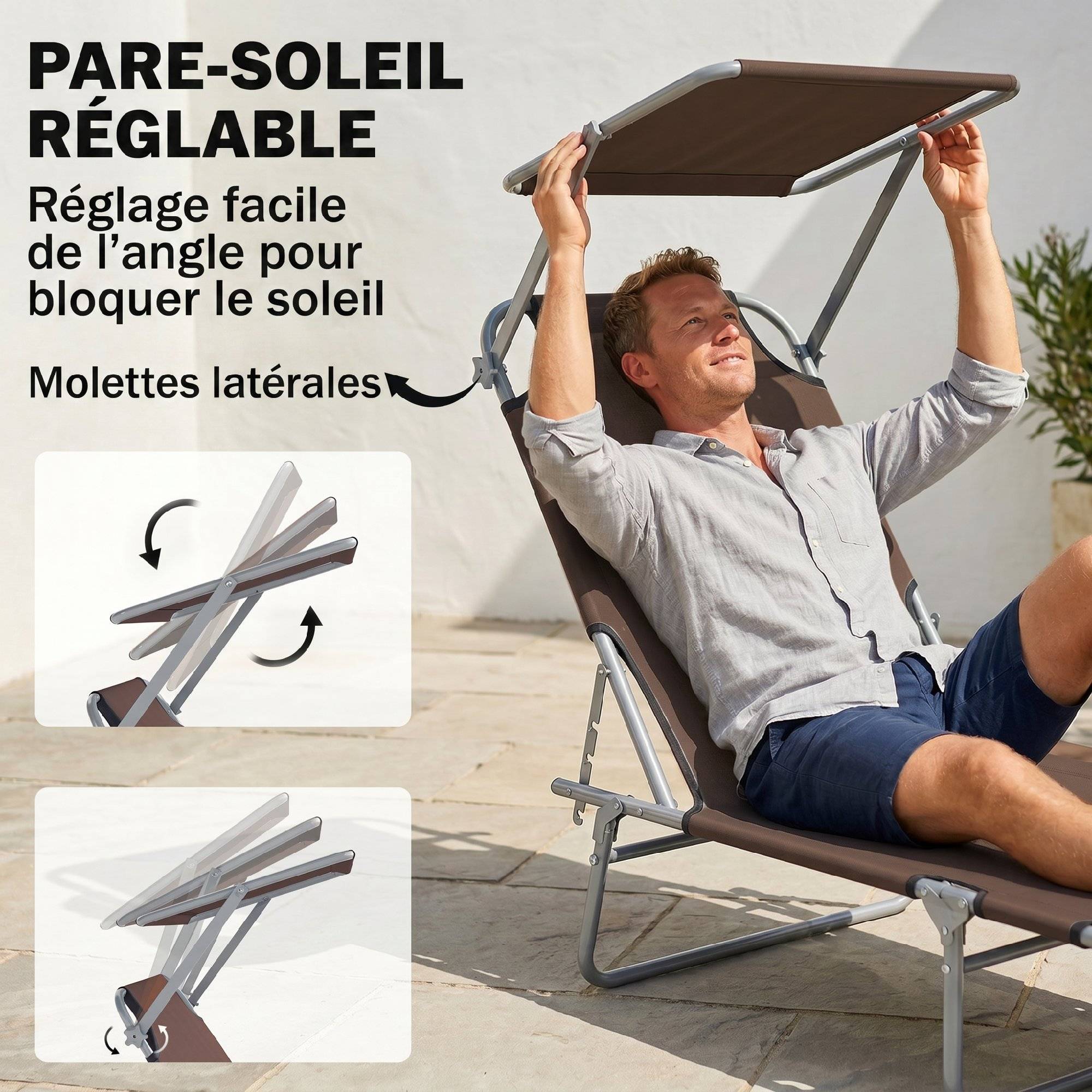 Transat Bain de Soleil Pliable Dossier Inclinable Multi-positions et Pare-Soleil réglable 187x58x36cm marron - Image 6
