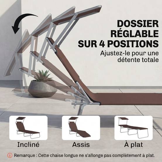 Transat Bain de Soleil Pliable Dossier Inclinable Multi-positions et Pare-Soleil réglable 187x58x36cm marron - Image 7