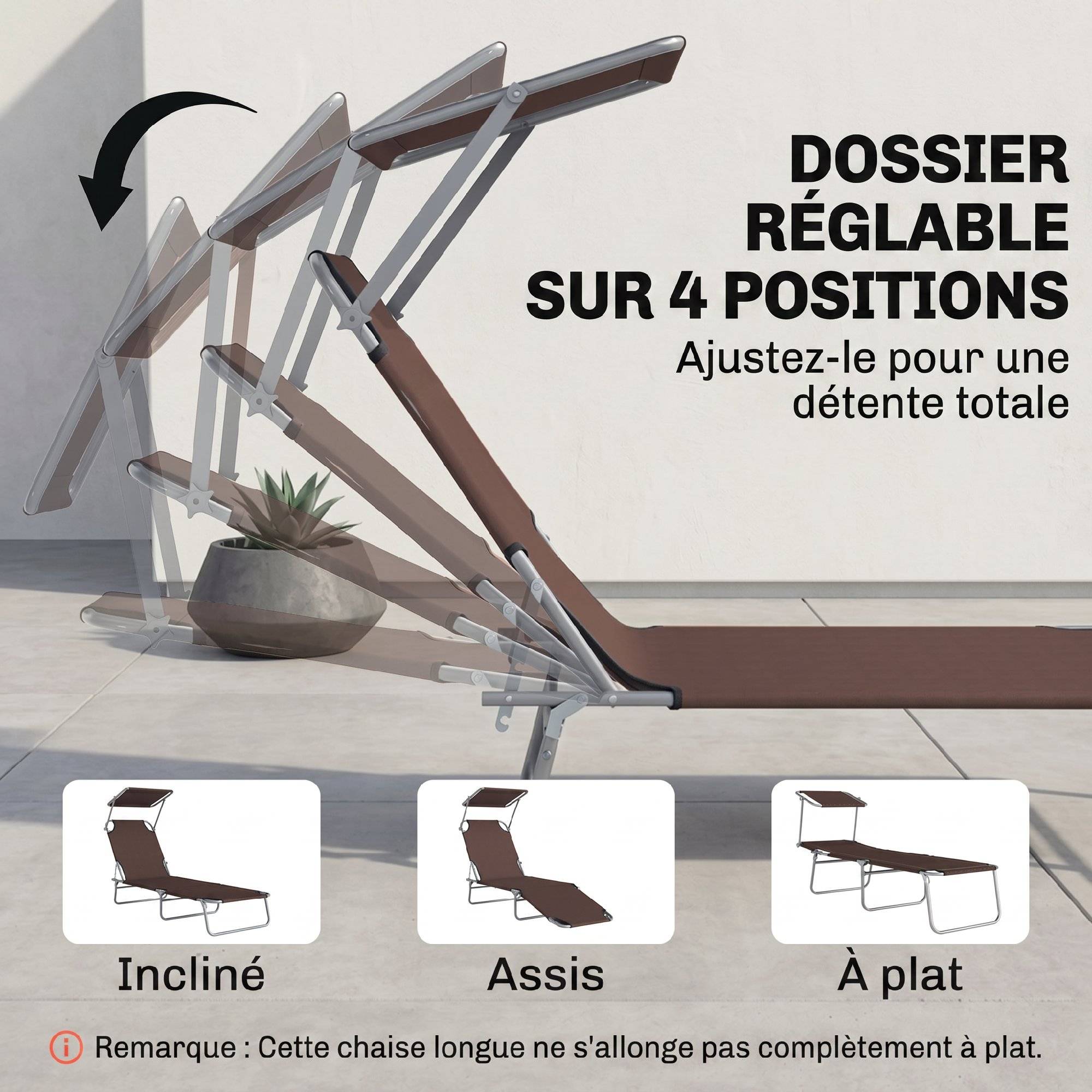 Transat Bain de Soleil Pliable Dossier Inclinable Multi-positions et Pare-Soleil réglable 187x58x36cm marron - Image 7