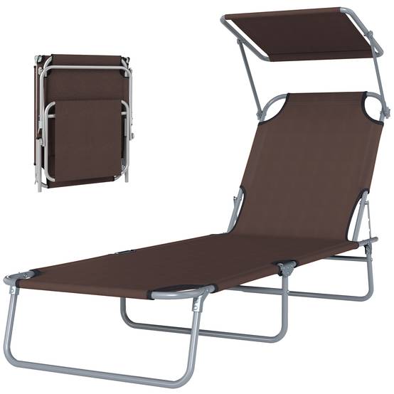 Transat Bain de Soleil Pliable Dossier Inclinable Multi-positions et Pare-Soleil réglable 187x58x36cm marron - Image 2