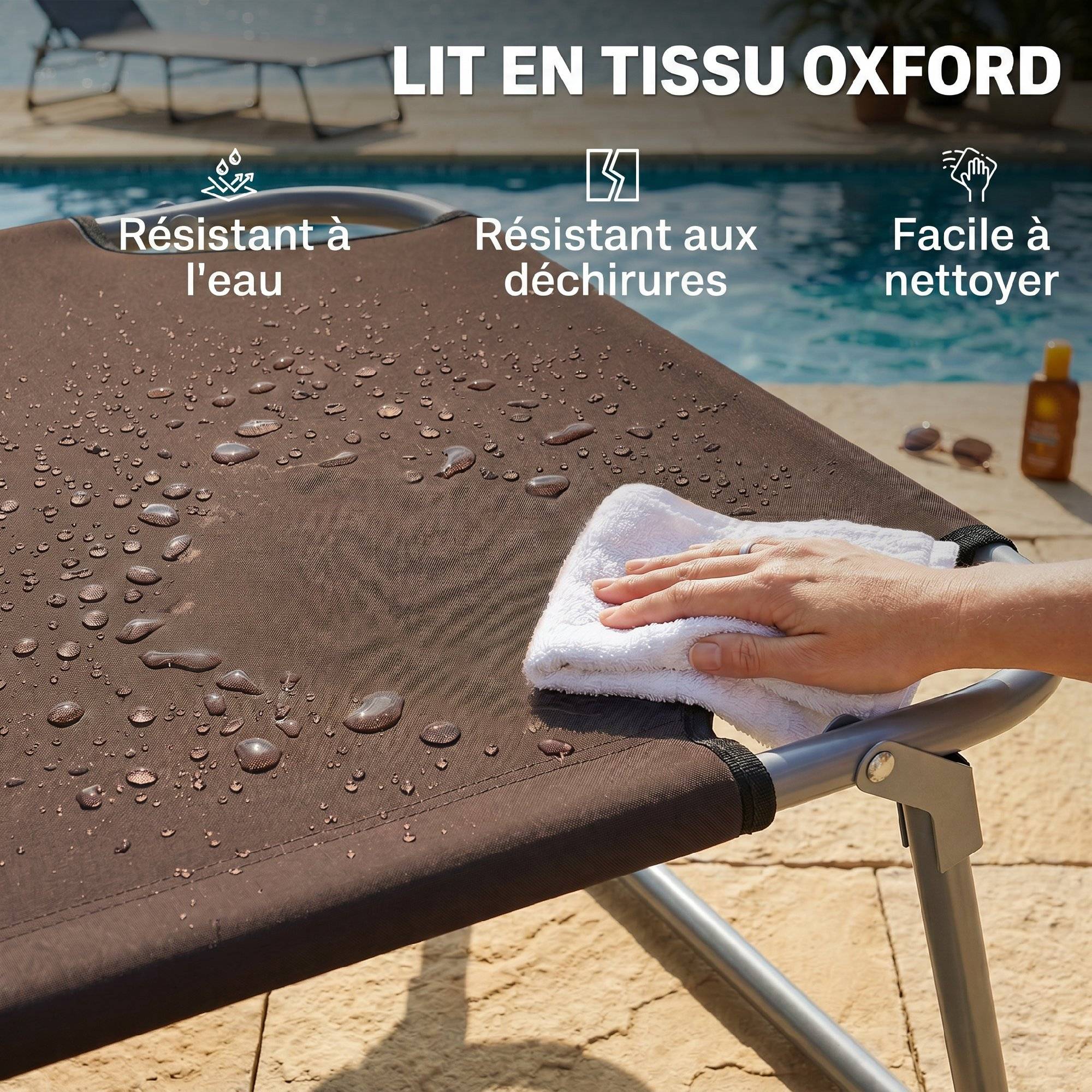 Transat Bain de Soleil Pliable Dossier Inclinable Multi-positions et Pare-Soleil réglable 187x58x36cm marron - Image 8