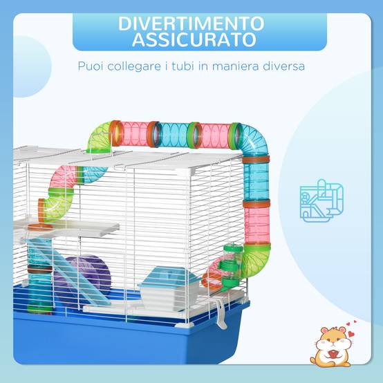 Cage Acier PP Hamsters 3 Niveaux Avec Tubes Et Accessoires 59x36x47cm Bleu - ComfortXL Outdoor Living - Image 9