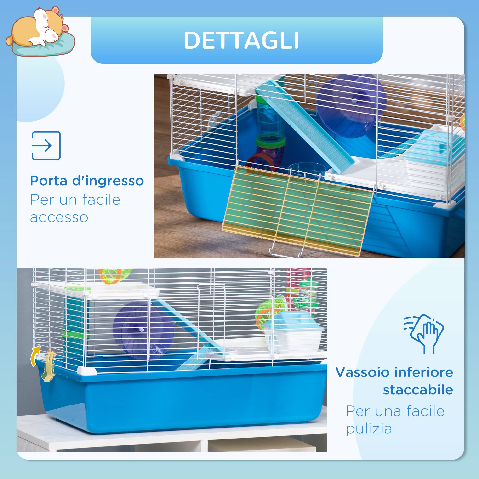 Cage Acier PP Hamsters 3 Niveaux Avec Tubes Et Accessoires 59x36x47cm Bleu - ComfortXL Outdoor Living - Image 8