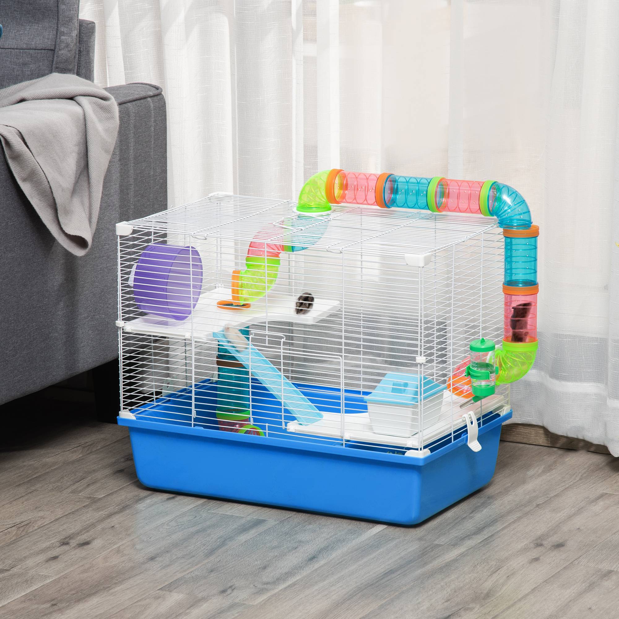 Cage Acier PP Hamsters 3 Niveaux Avec Tubes Et Accessoires 59x36x47cm Bleu - ComfortXL Outdoor Living - Image 3