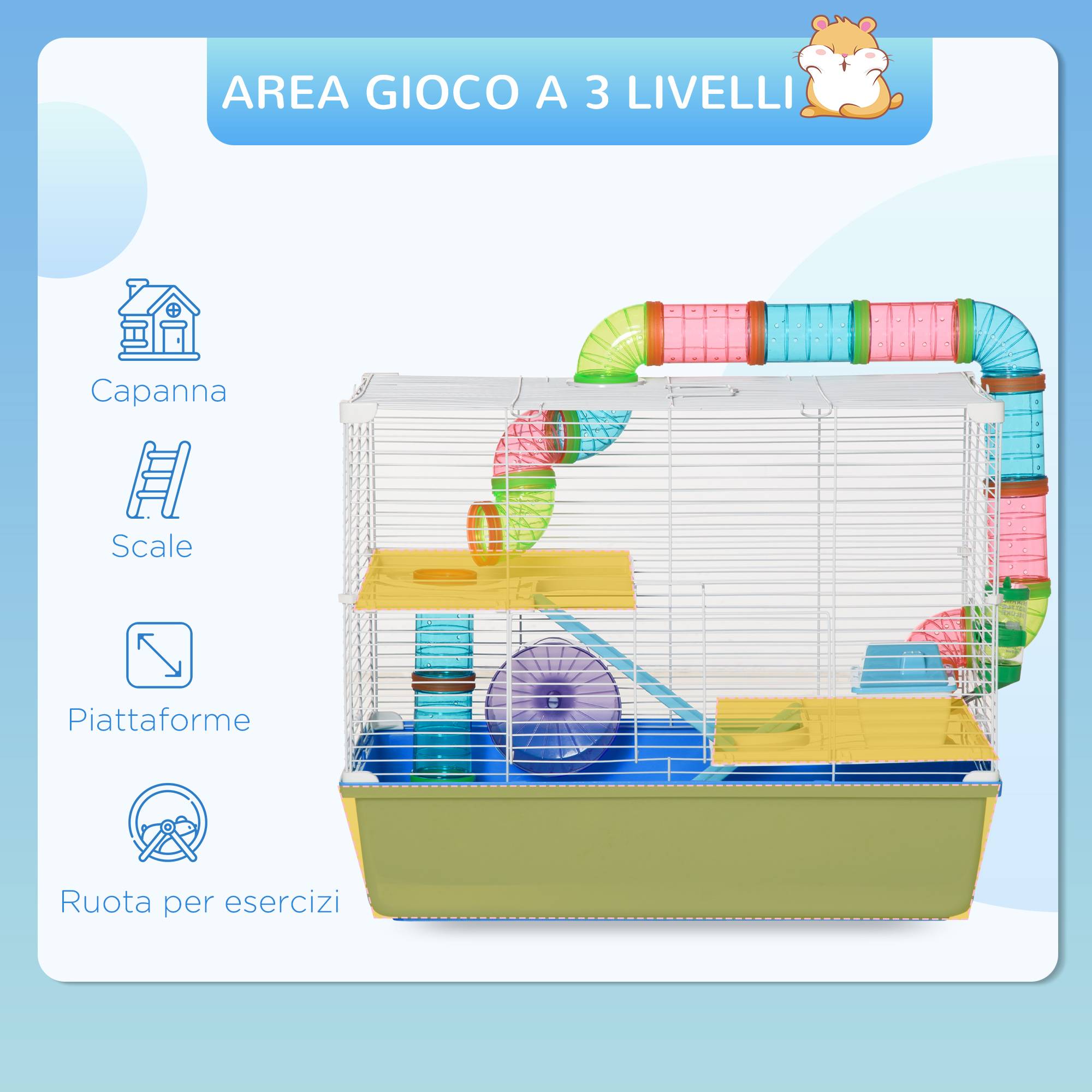Cage Acier PP Hamsters 3 Niveaux Avec Tubes Et Accessoires 59x36x47cm Bleu - ComfortXL Outdoor Living - Image 6