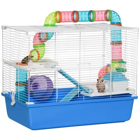 Cage Acier PP Hamsters 3 Niveaux Avec Tubes Et Accessoires 59x36x47cm Bleu - ComfortXL Outdoor Living - Image 1
