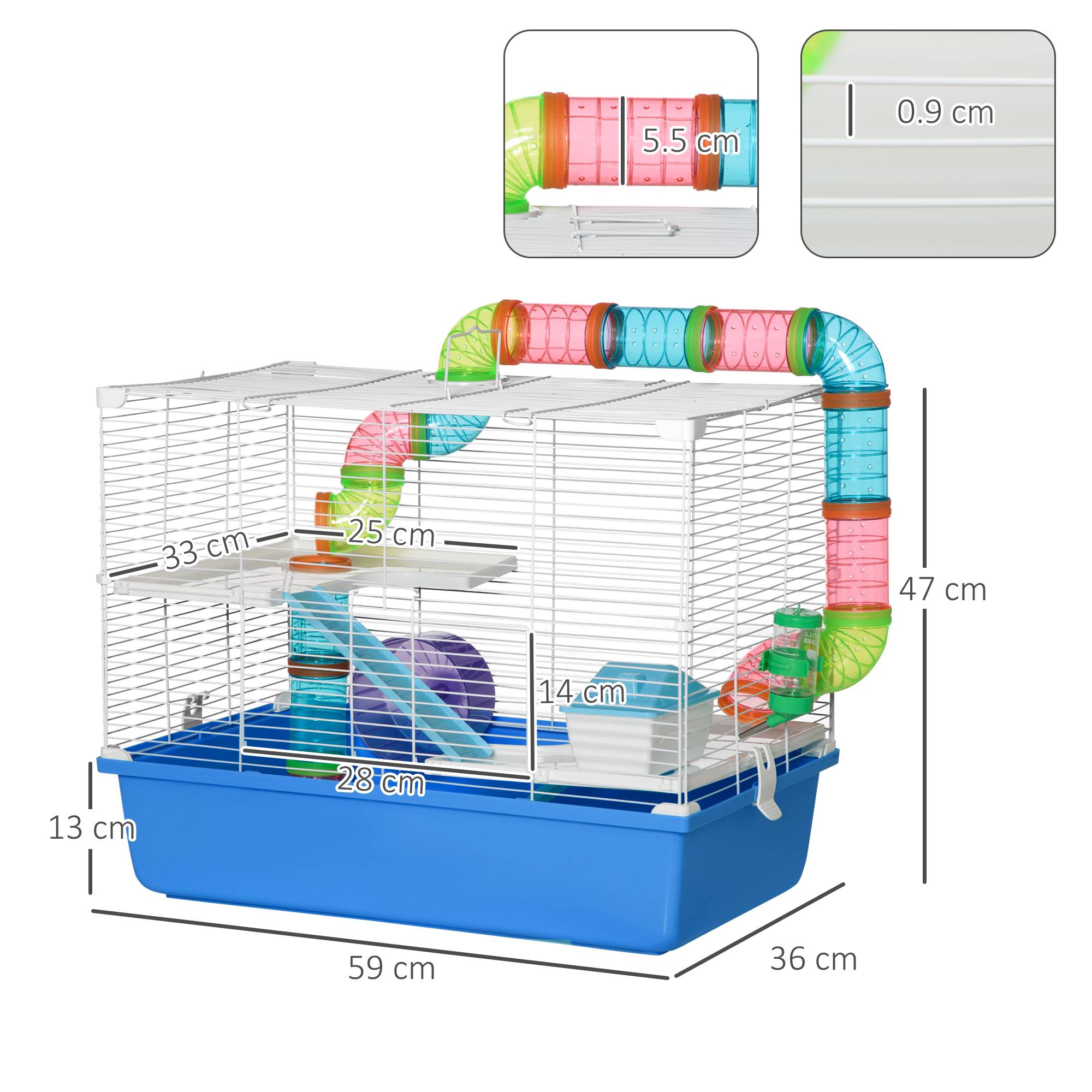 Cage Acier PP Hamsters 3 Niveaux Avec Tubes Et Accessoires 59x36x47cm Bleu - ComfortXL Outdoor Living - Image 5