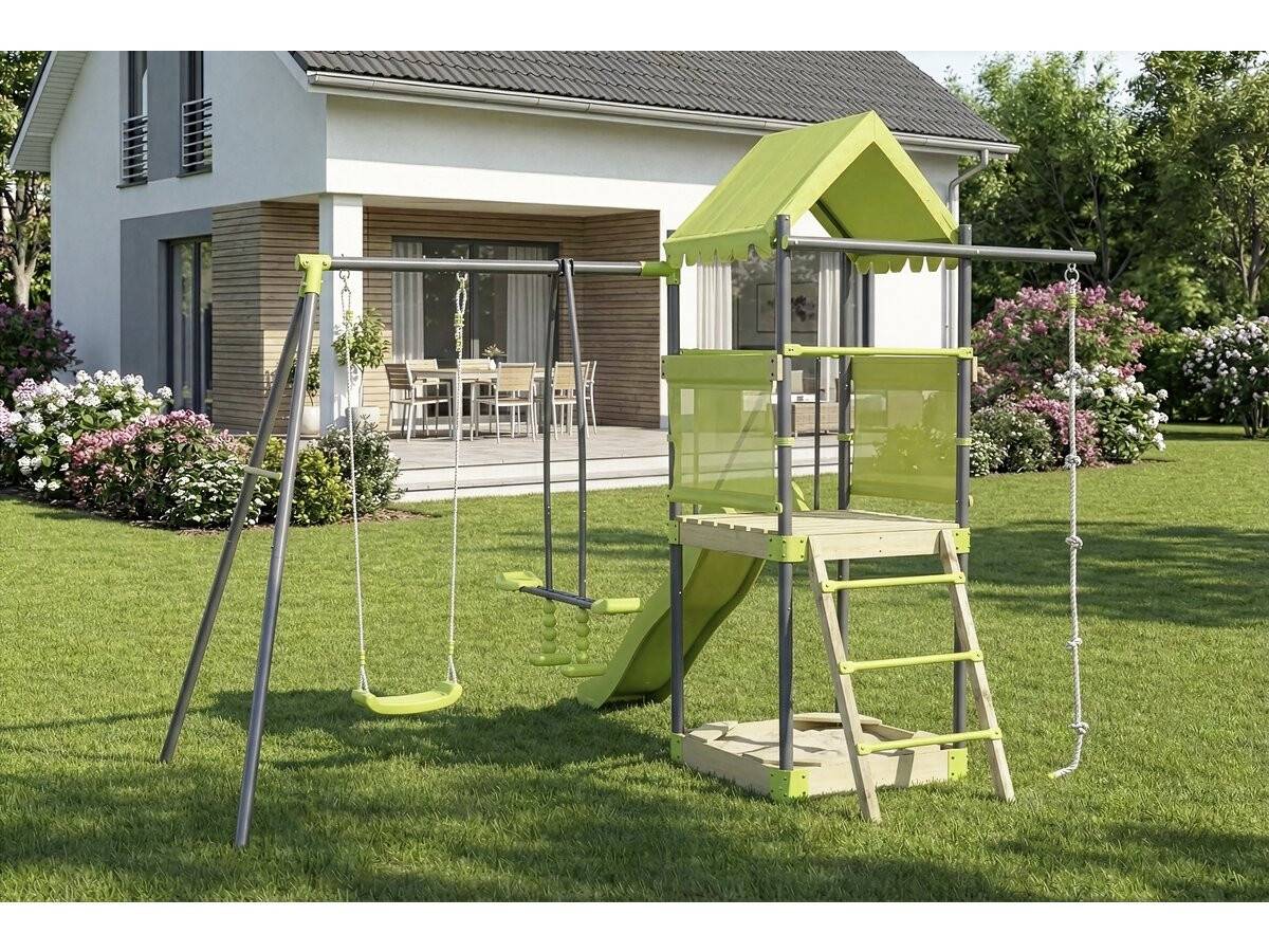 Habitat Et Jardin - Aire De Jeu Portique En Métal Avec Toboggan Et Bac A Sable "sohane" - Vert -habitat Et Jardin - Image 2