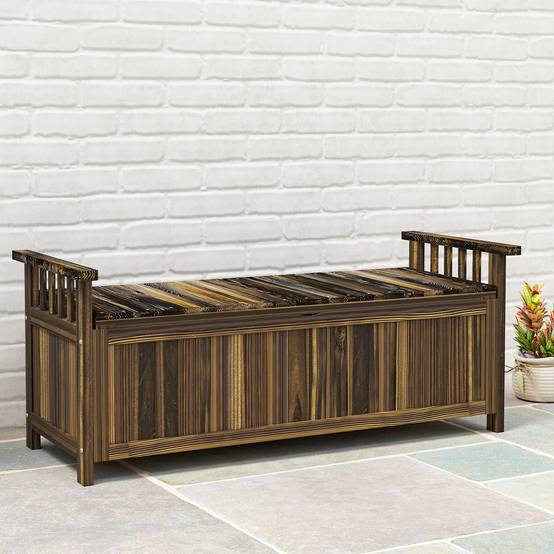 ComfortXL - Banc de jardin coffre 2 places bois de sapin brun brûlé 128,5 x 52 x 53,5 cm rangement 151 L extérieur - Image 1