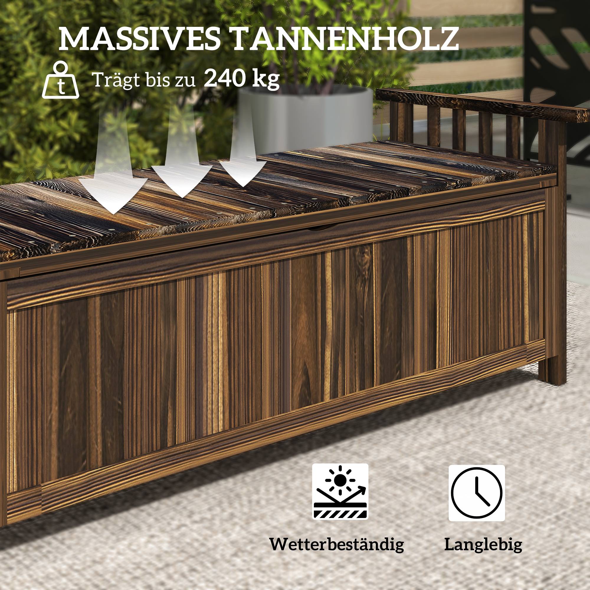 ComfortXL - Banc de jardin coffre 2 places bois de sapin brun brûlé 128,5 x 52 x 53,5 cm rangement 151 L extérieur - Image 6