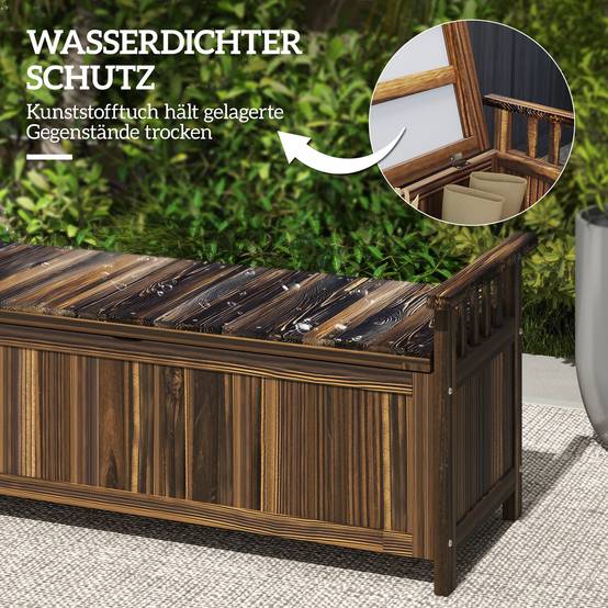ComfortXL - Banc de jardin coffre 2 places bois de sapin brun brûlé 128,5 x 52 x 53,5 cm rangement 151 L extérieur - Image 7