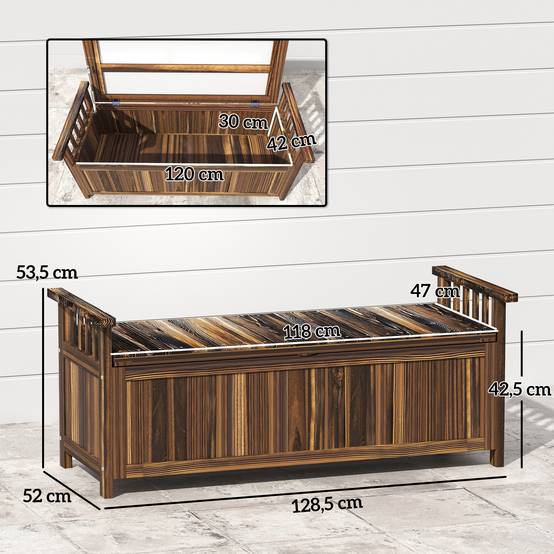 ComfortXL - Banc de jardin coffre 2 places bois de sapin brun brûlé 128,5 x 52 x 53,5 cm rangement 151 L extérieur - Image 3