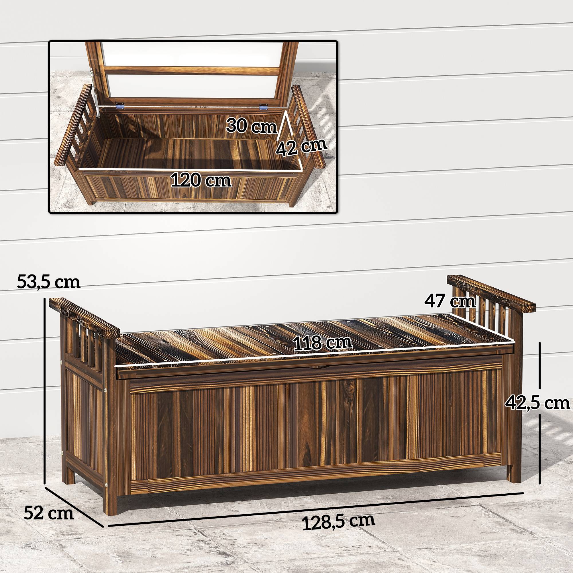 ComfortXL - Banc de jardin coffre 2 places bois de sapin brun brûlé 128,5 x 52 x 53,5 cm rangement 151 L extérieur - Image 3