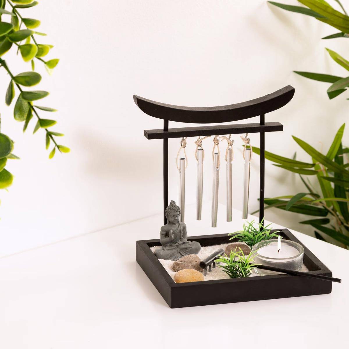 Jardin Zen Bouddha sur un plateau avec Grelots, Photophore et décoration - Image 3