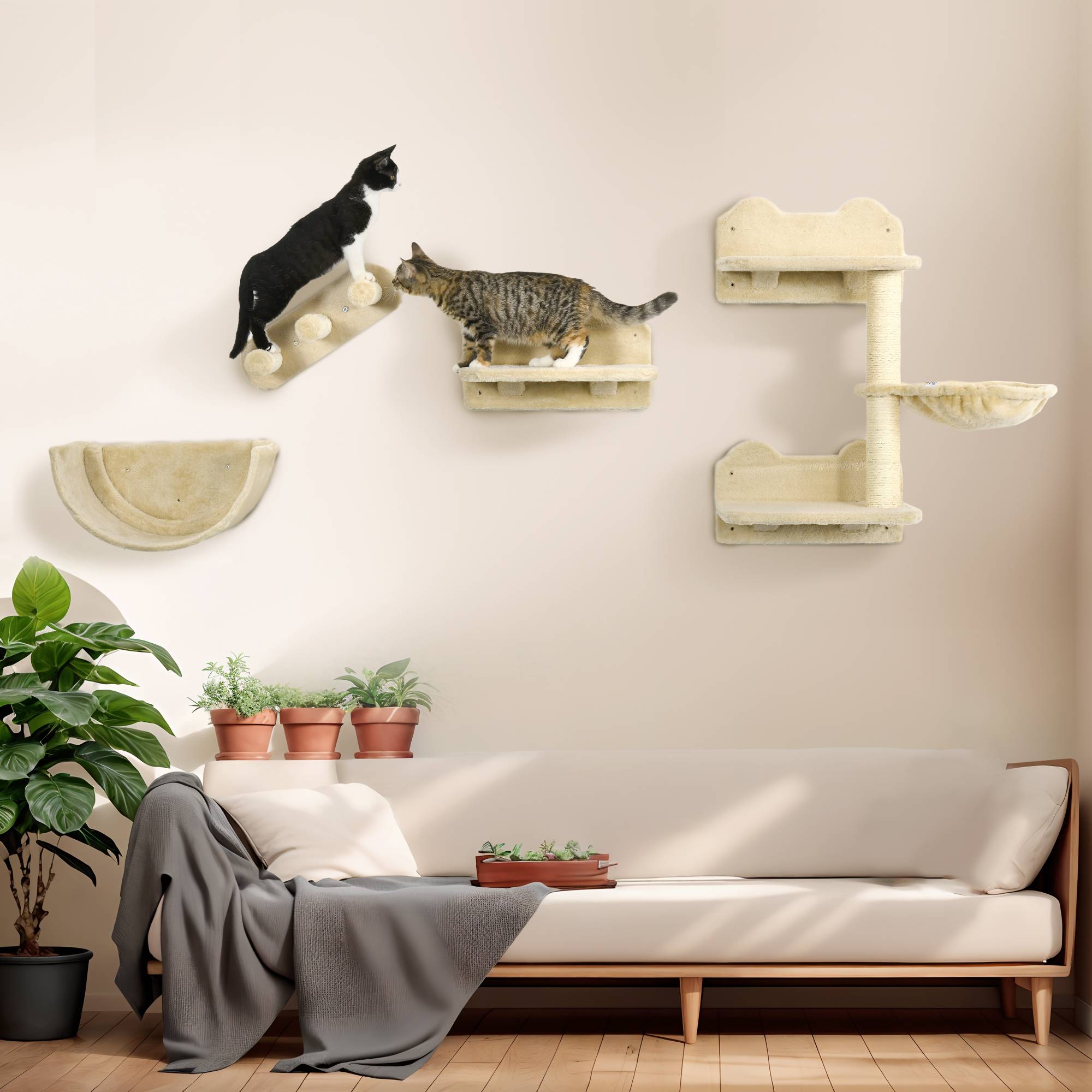 Set mur d'escalade pour chat, 4 pièces, échelle, hamac, plateforme, arbre à chat, beige - Image 3