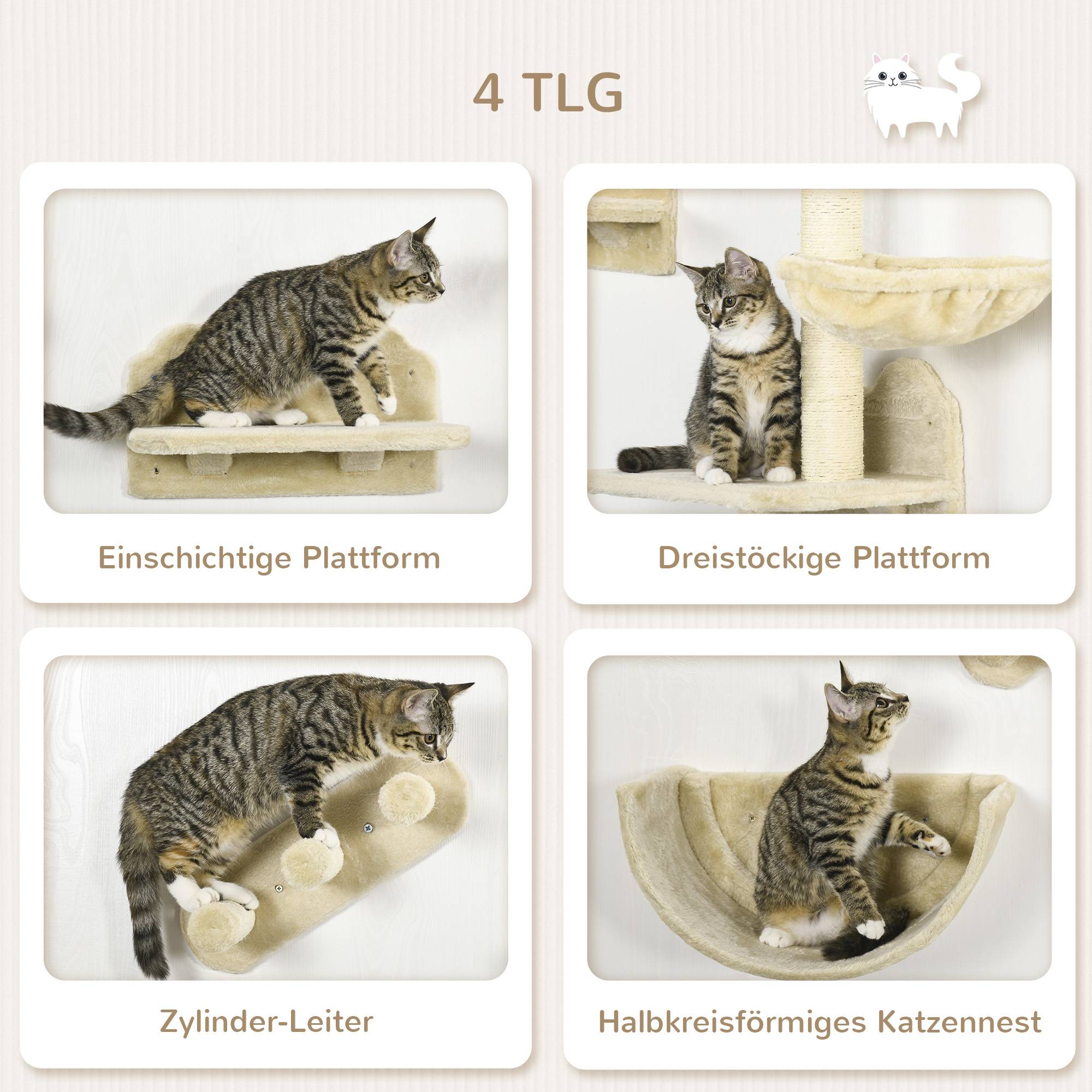 Set mur d'escalade pour chat, 4 pièces, échelle, hamac, plateforme, arbre à chat, beige - Image 7