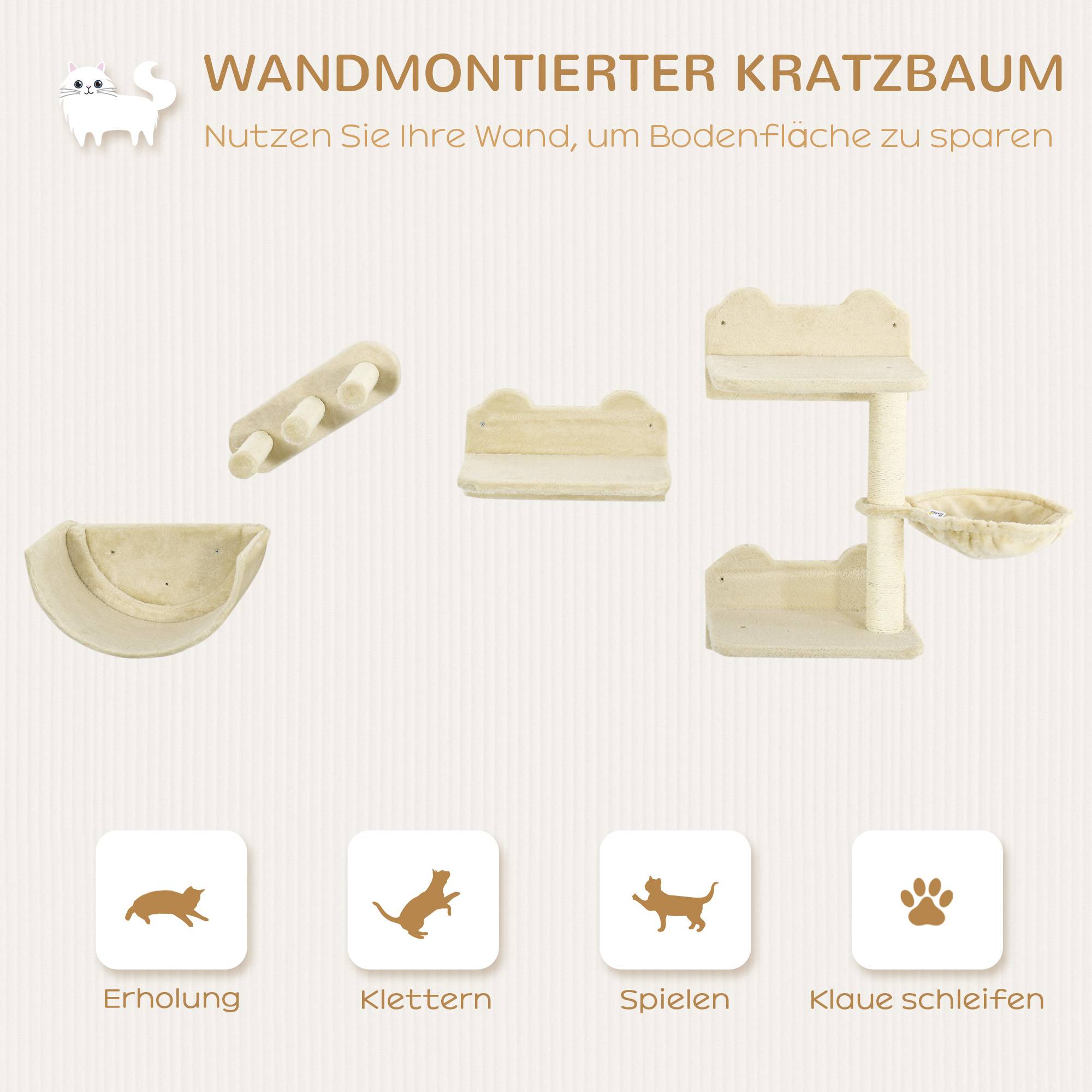 Set mur d'escalade pour chat, 4 pièces, échelle, hamac, plateforme, arbre à chat, beige - Image 6