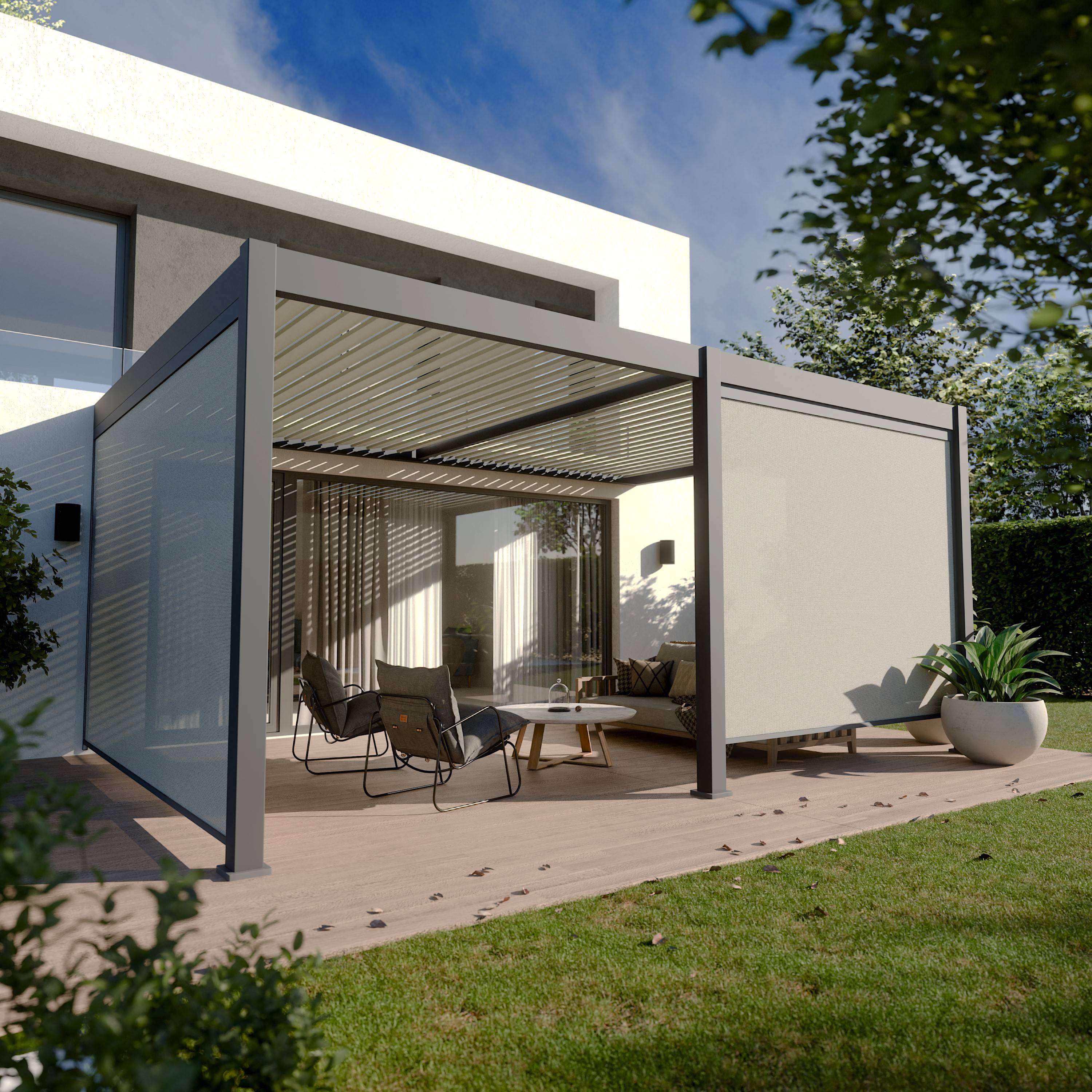 Pergola Bioclimatique Aluminium Adossée 19m² - 3,6x5,3 - Deux Stores Inclus  - Anthracite - 34 lames en Aluminium a 120 degrés - Image 1